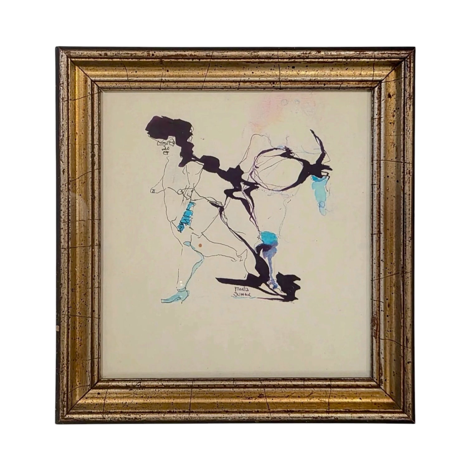 Early Martin Sumers Ink and Watercolor in Antique Frame