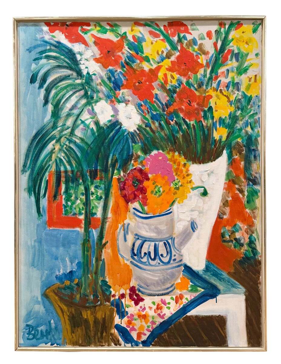 Vibrant Still Life Painting of Flowers and Plants in Interior in Original Vintage Metal Frame