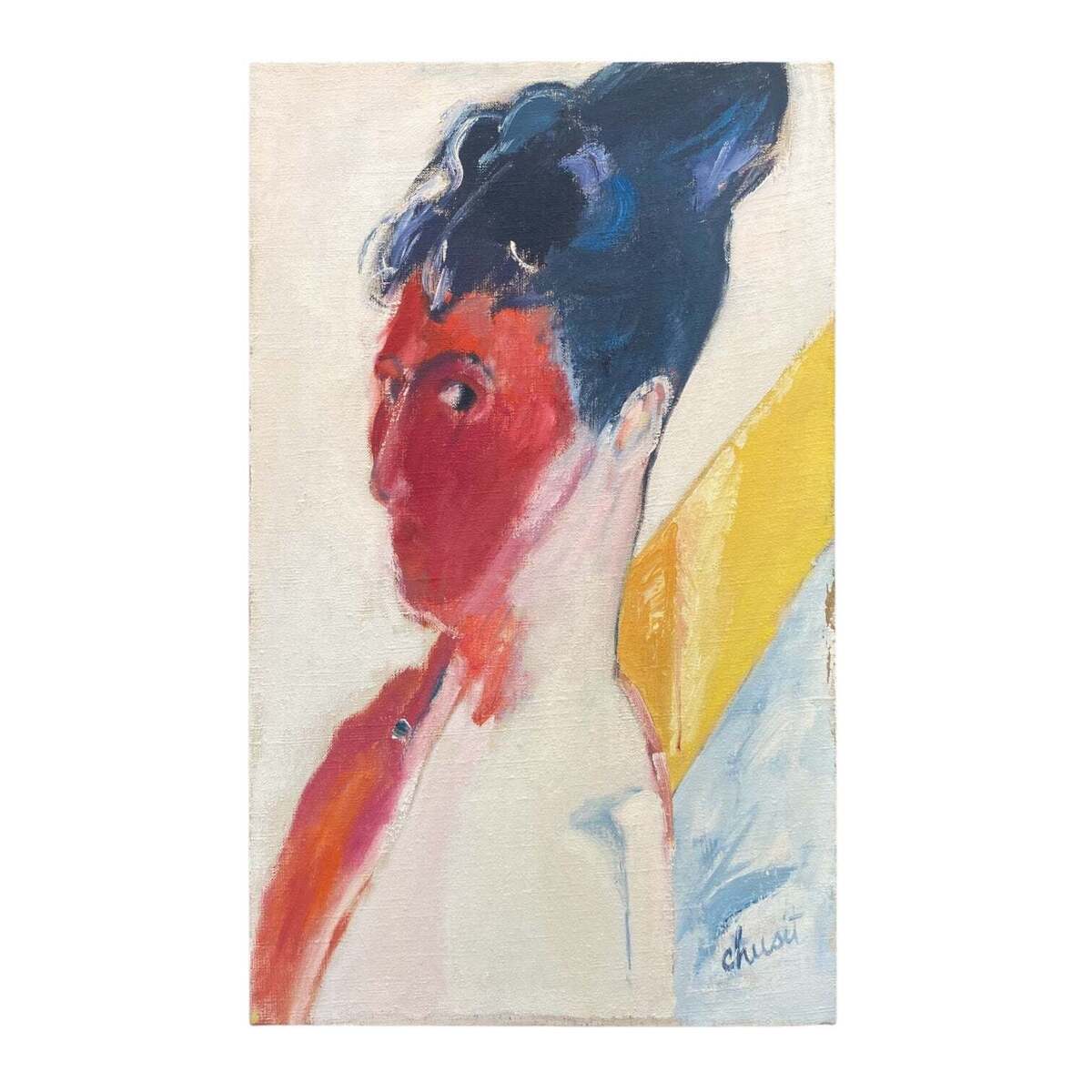 Abstract Vertical Portrait in Reds Blues Yellows