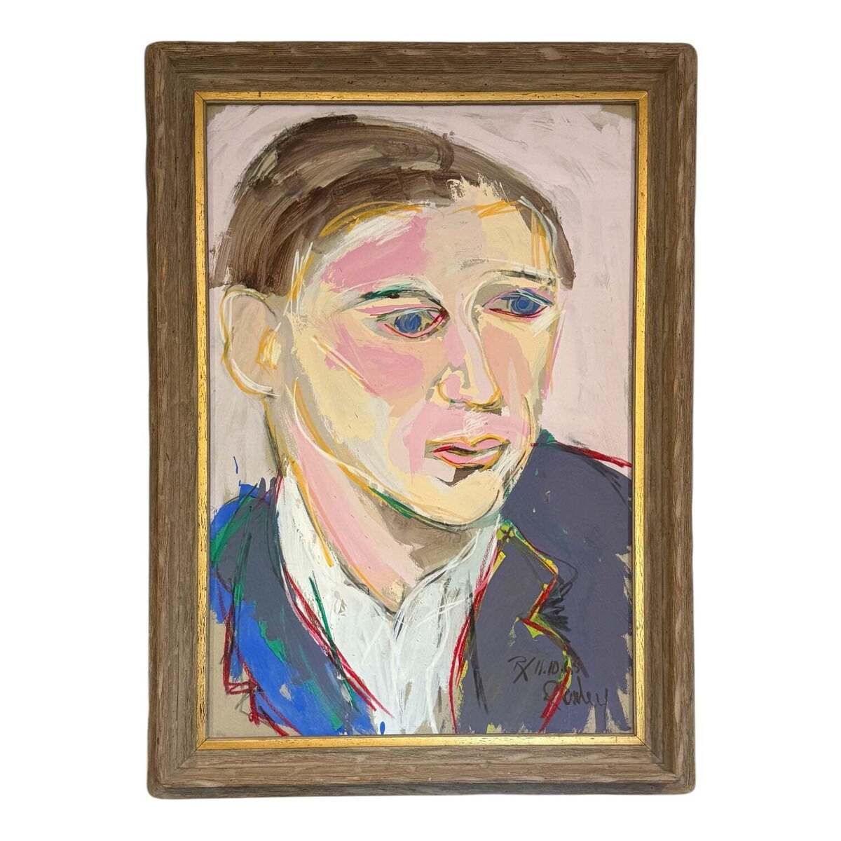 RESERVED FOR KH — Oversized Portrait with Active, Gestural Mark-Making in Heavy Wood and Gold Vintage Frame