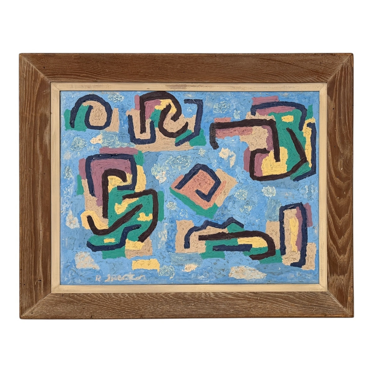 1950s Thick Impasto Abstract Patterned Painting in Original Pine Plank Frame