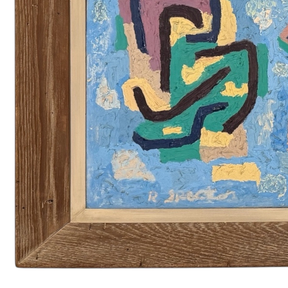 1950s Thick Impasto Abstract Patterned Painting in Original Pine Plank Frame