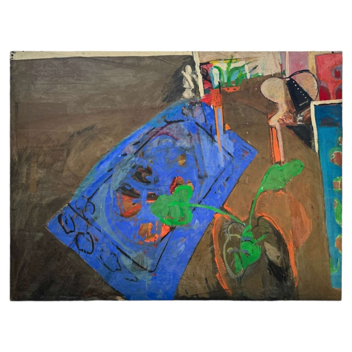 Abstract Expressionist Interior Scene Blue Rug with Plant