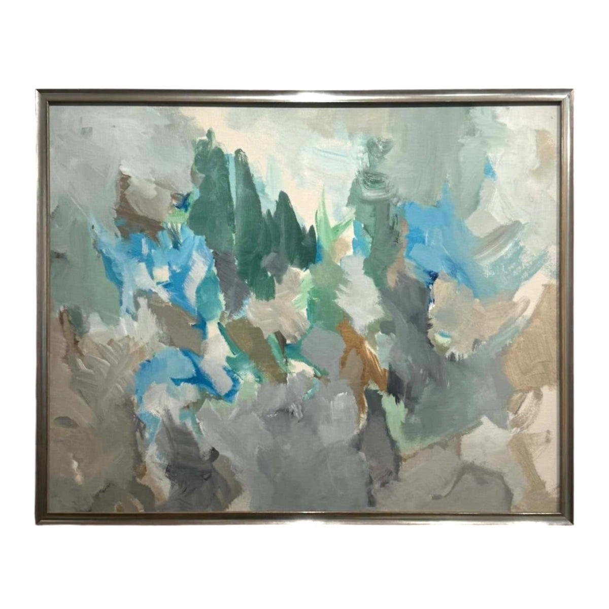Abstract Painting in Deep Spruce Green Blues Neutrals Presented in Custom Frame