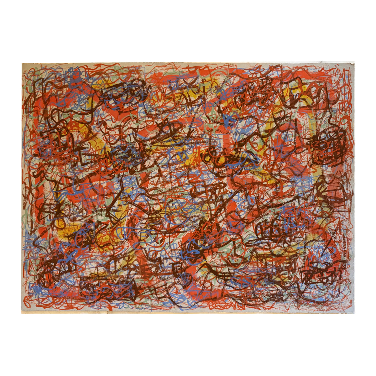 Large Layered Painting with Gestural Mark Making in Burnt Umber, Saffron, Yellow and Gray Blue
