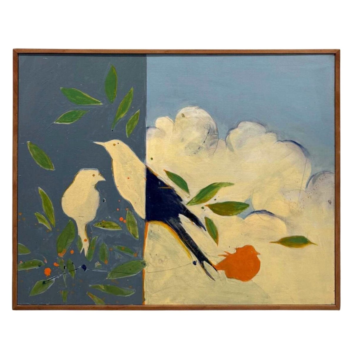 Modernist Oil Painting of Birds in Original Wood Gallery Frame