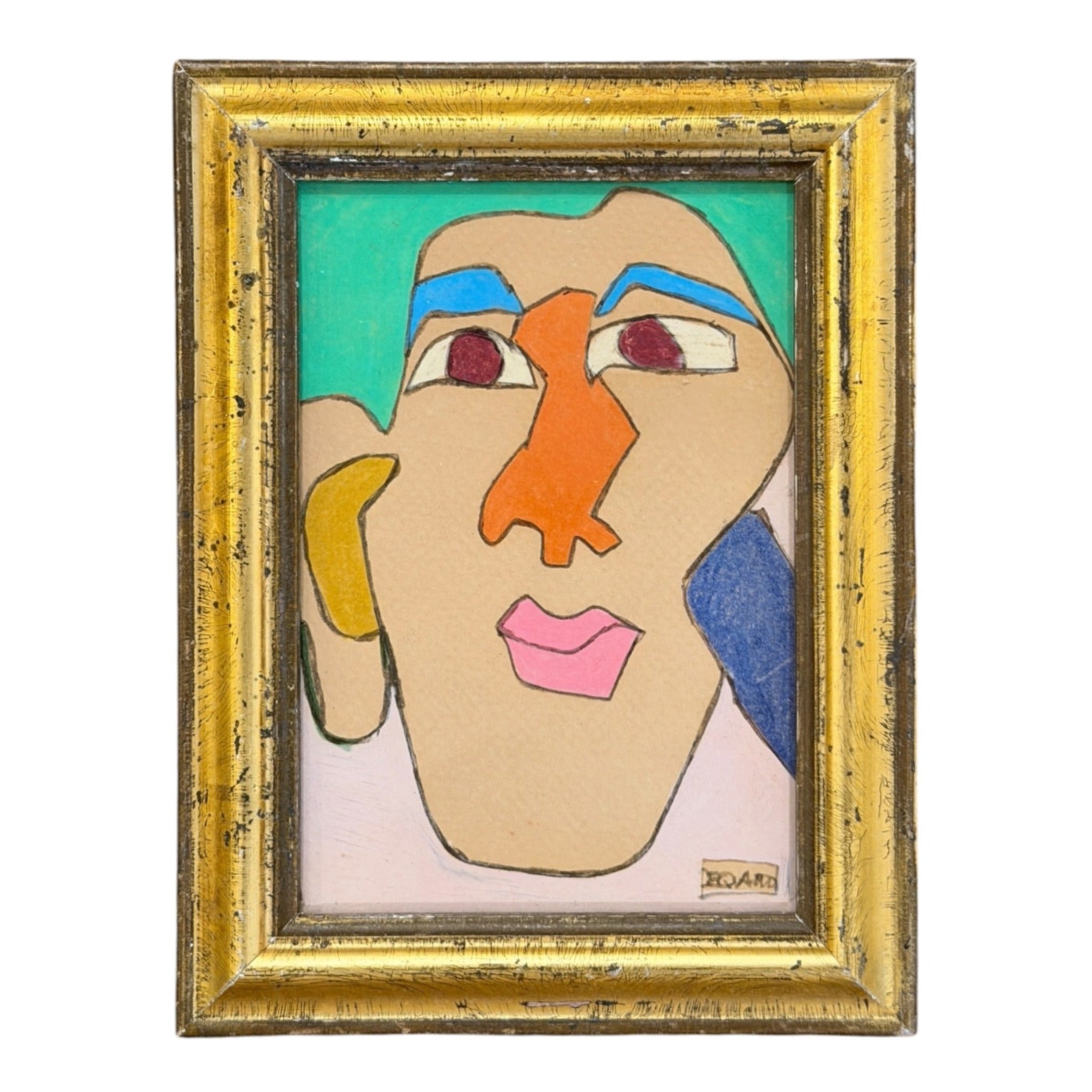 Modernist Colorful Painting of Abstracted Face in 19th Century Lemon Gold Frame