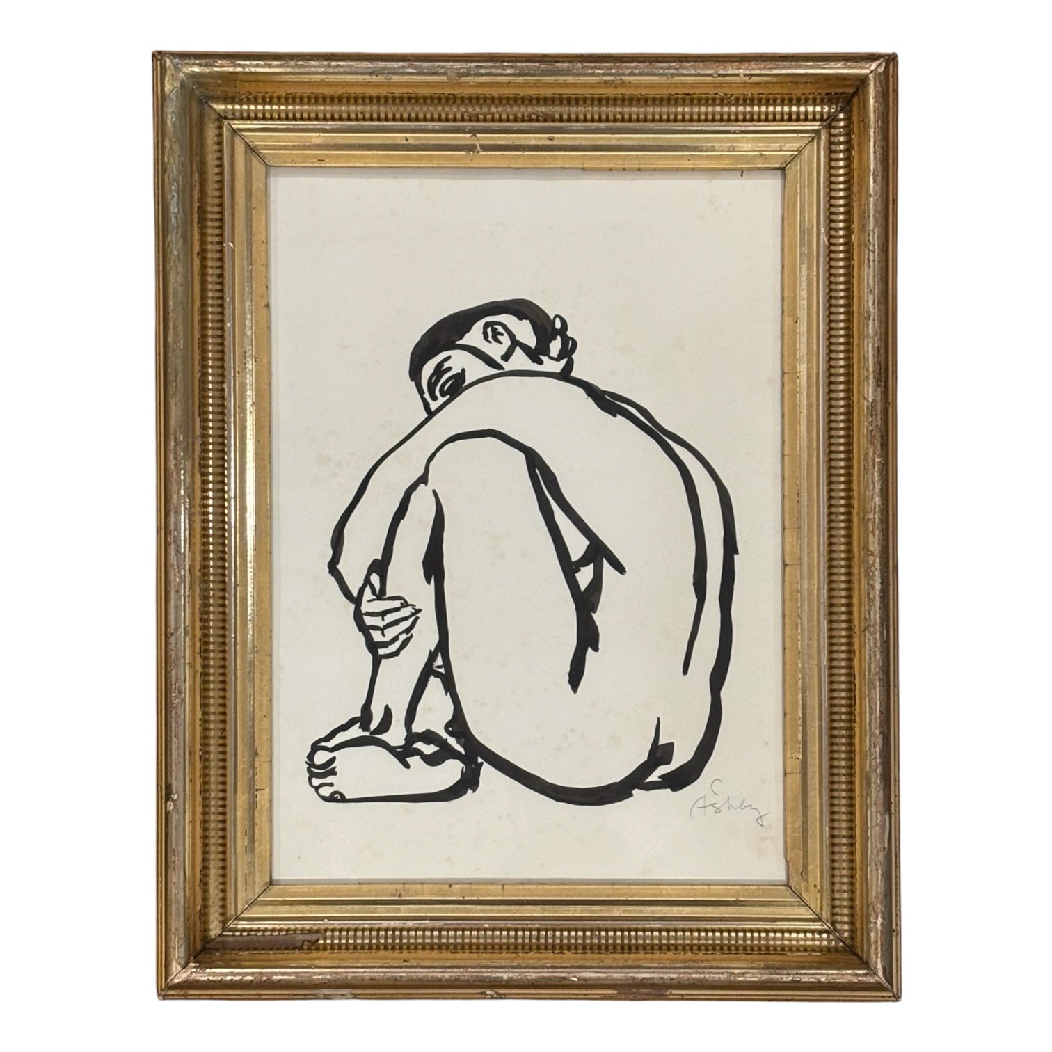 Black & White Figurative Nude in 19th Century Stenciled  Gilt Frame