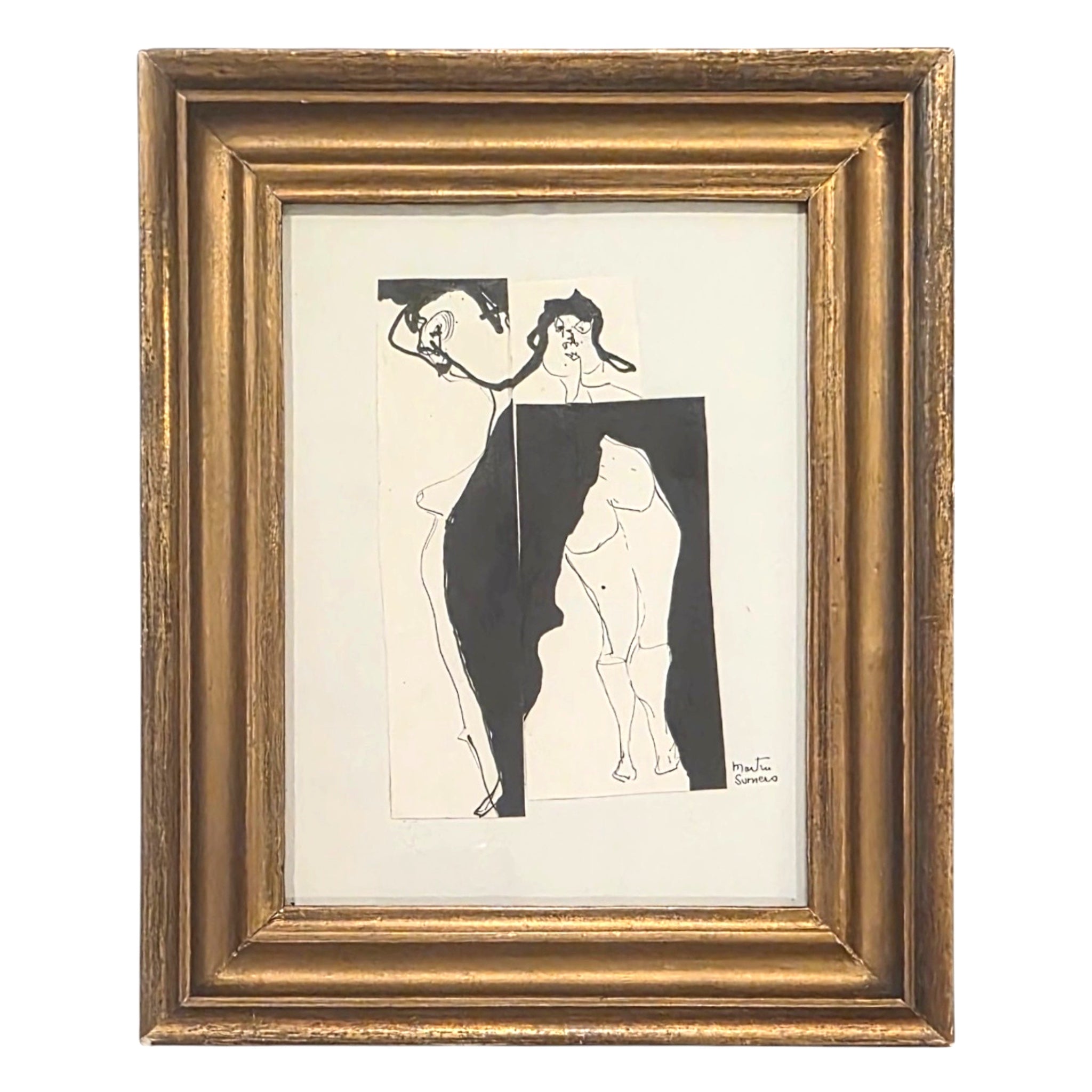 Ink Drawing of Figures in 19th Century Gilt Frame