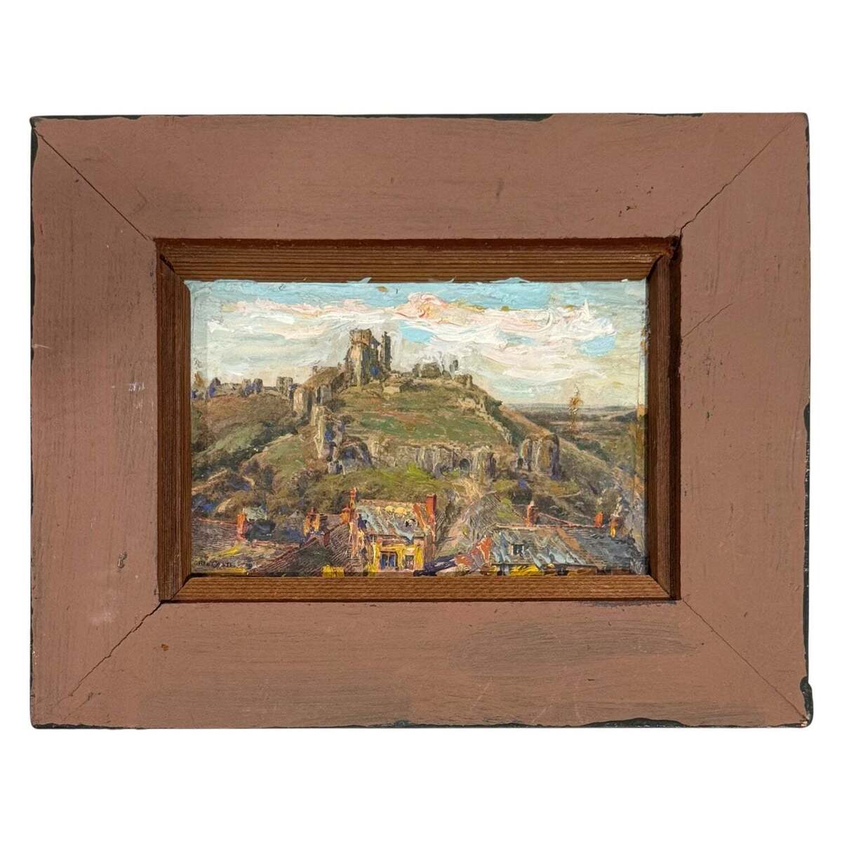 Scenic Landscape of European Village in Antique Mauve-Painted Frame