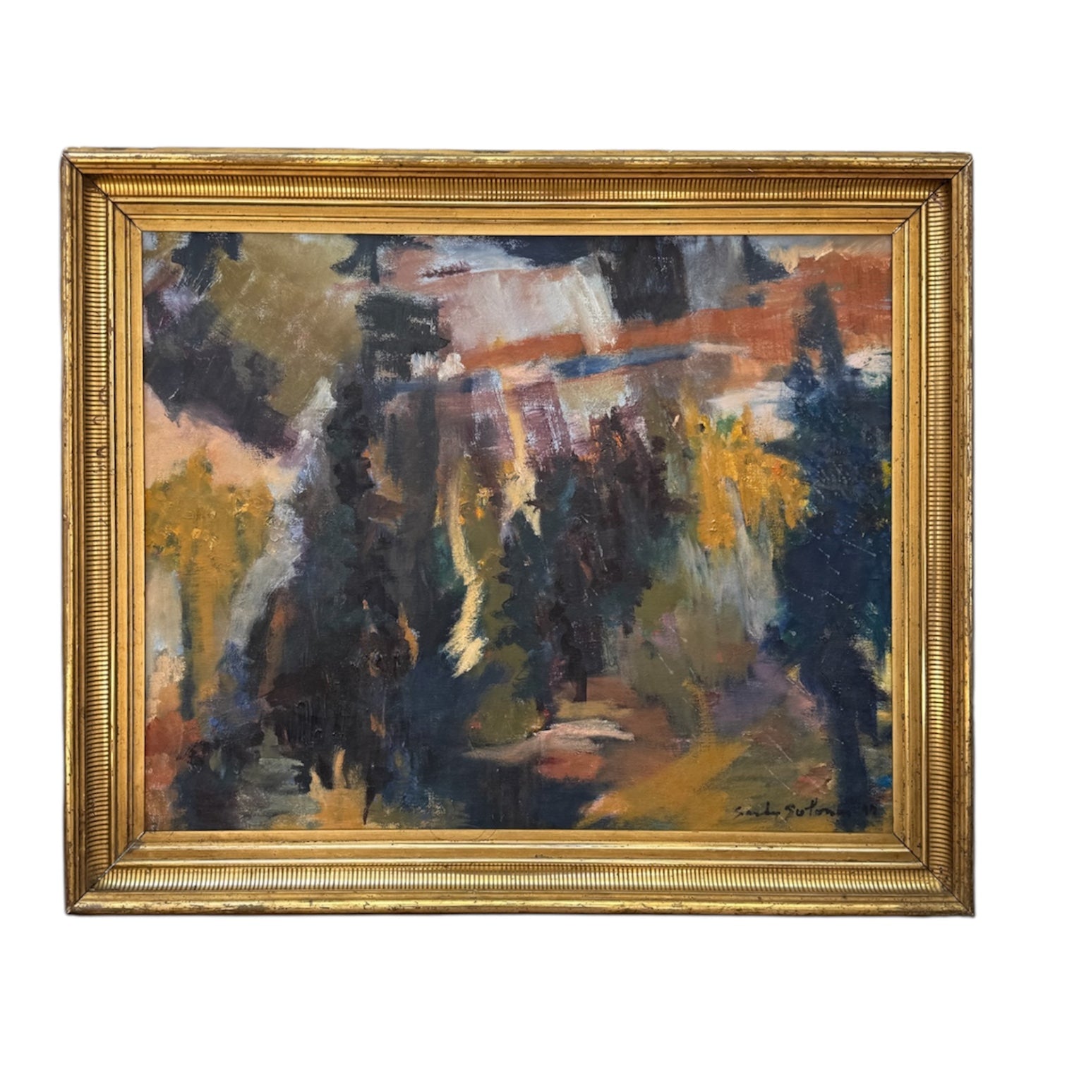 Vintage Abstract Landscape on Canvas in 19th Century Lemon Gold Stenciled Frame