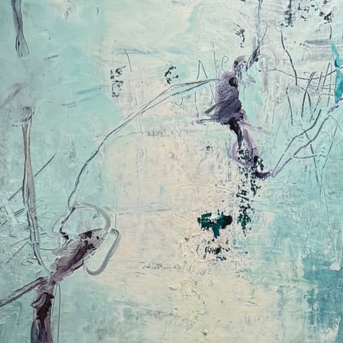 Abstract Expressionist Oil Painting in Aqua with Inky-Black Gestural Mark-Making