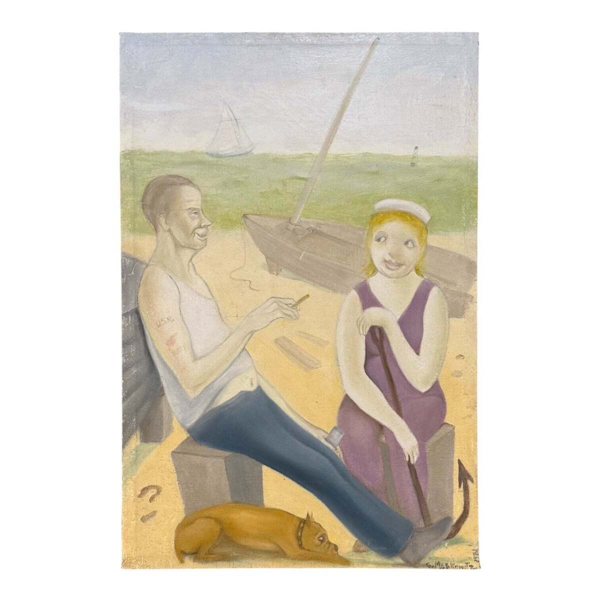 1981 Vintage Painting of Seascape and Figures