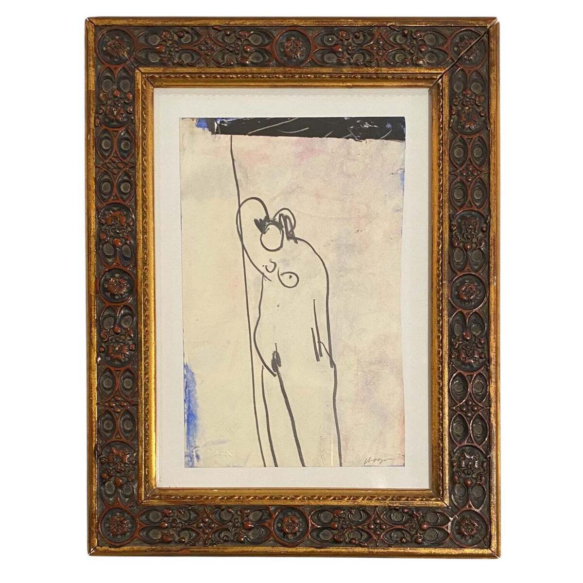 Mixed Media Figurative Artwork Presented in Ornate Antique Gilt Frame