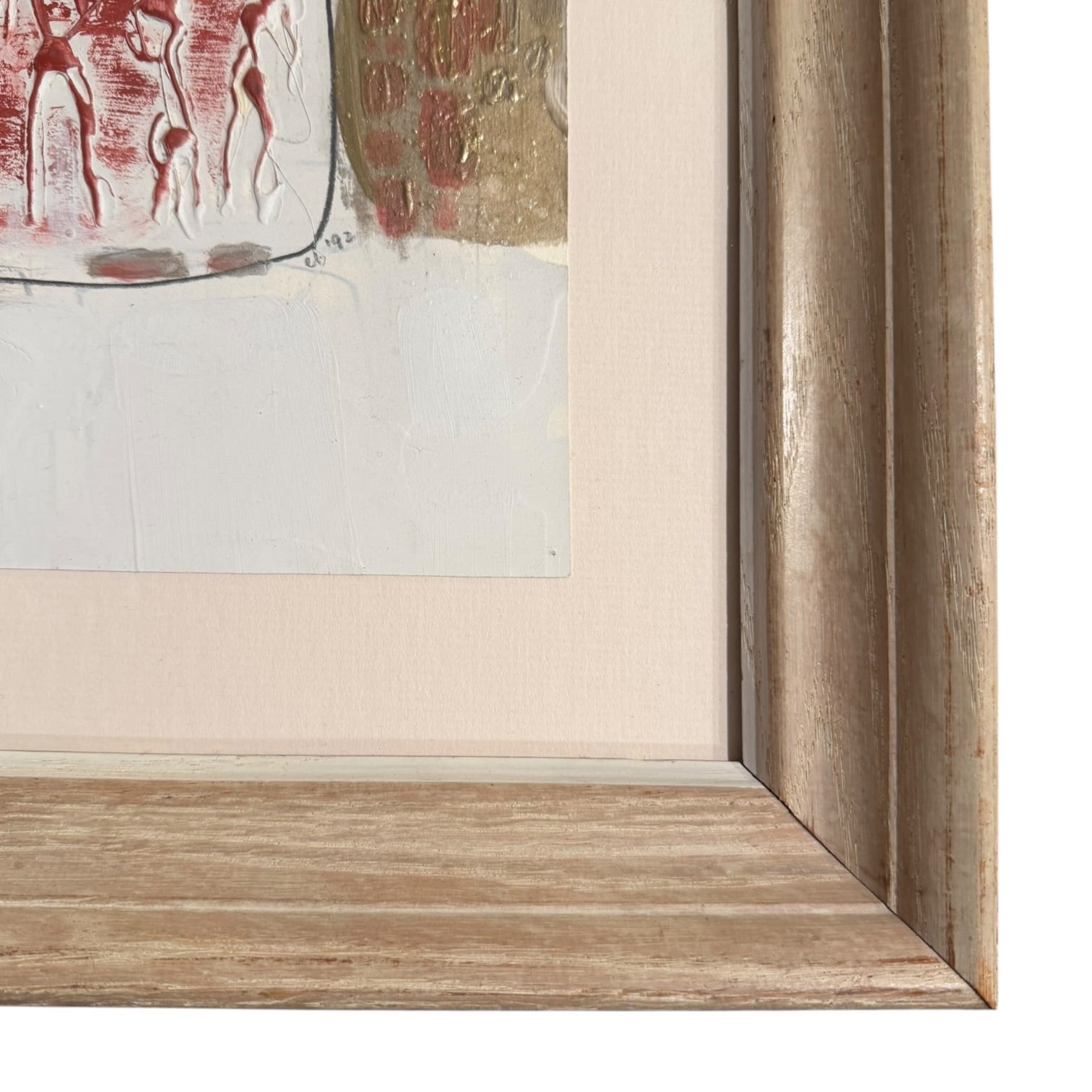 Oil and Intaglio Figurative Artwork in Vivid Red in Vintage Bleached Wood Frame
