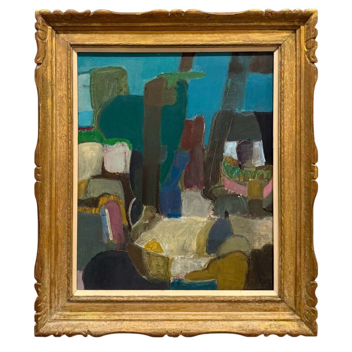 Richly Colorful Abstract Still Life in Vintage  Hand-Carved Gilt Frame