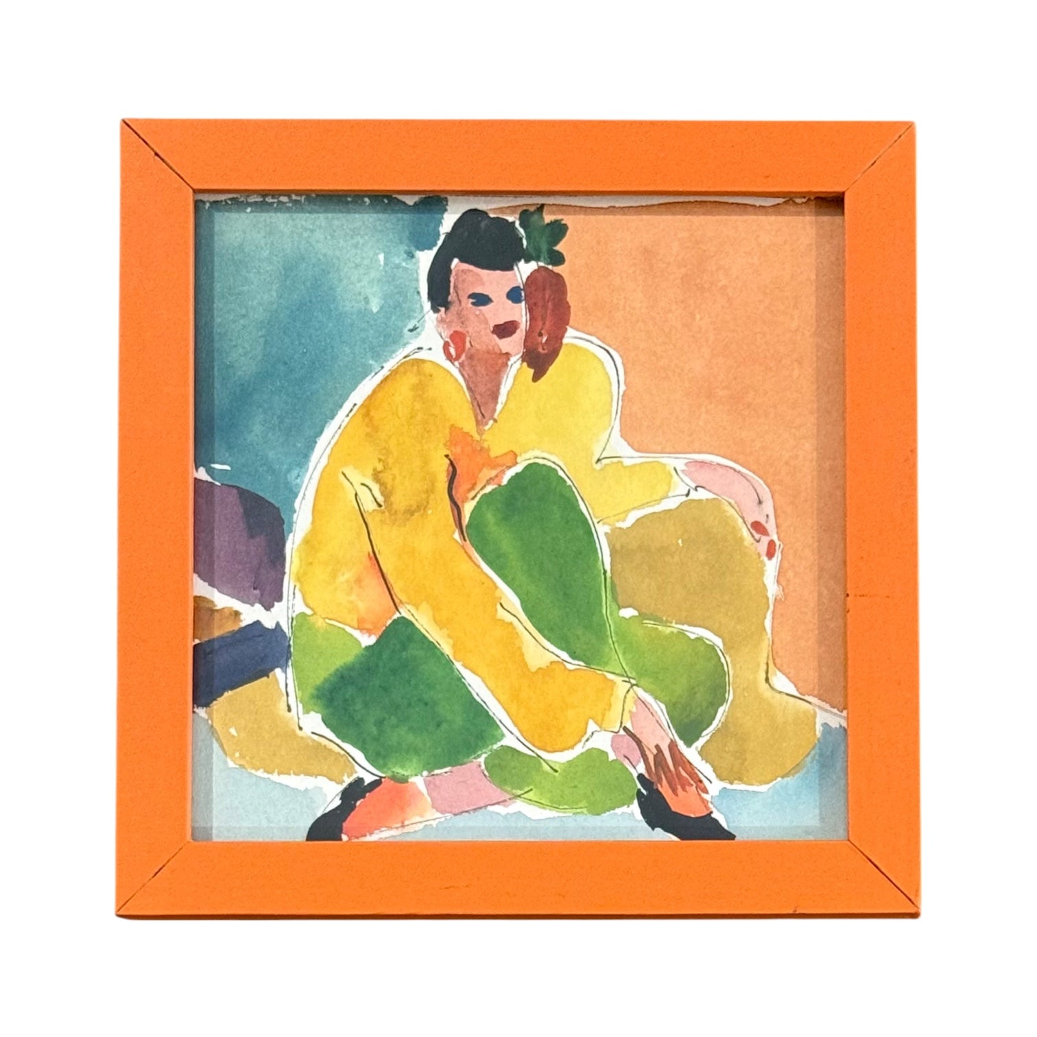 Color Blocked Watercolor of Stylish Seated Woman in Vintage Orange Wood Frame