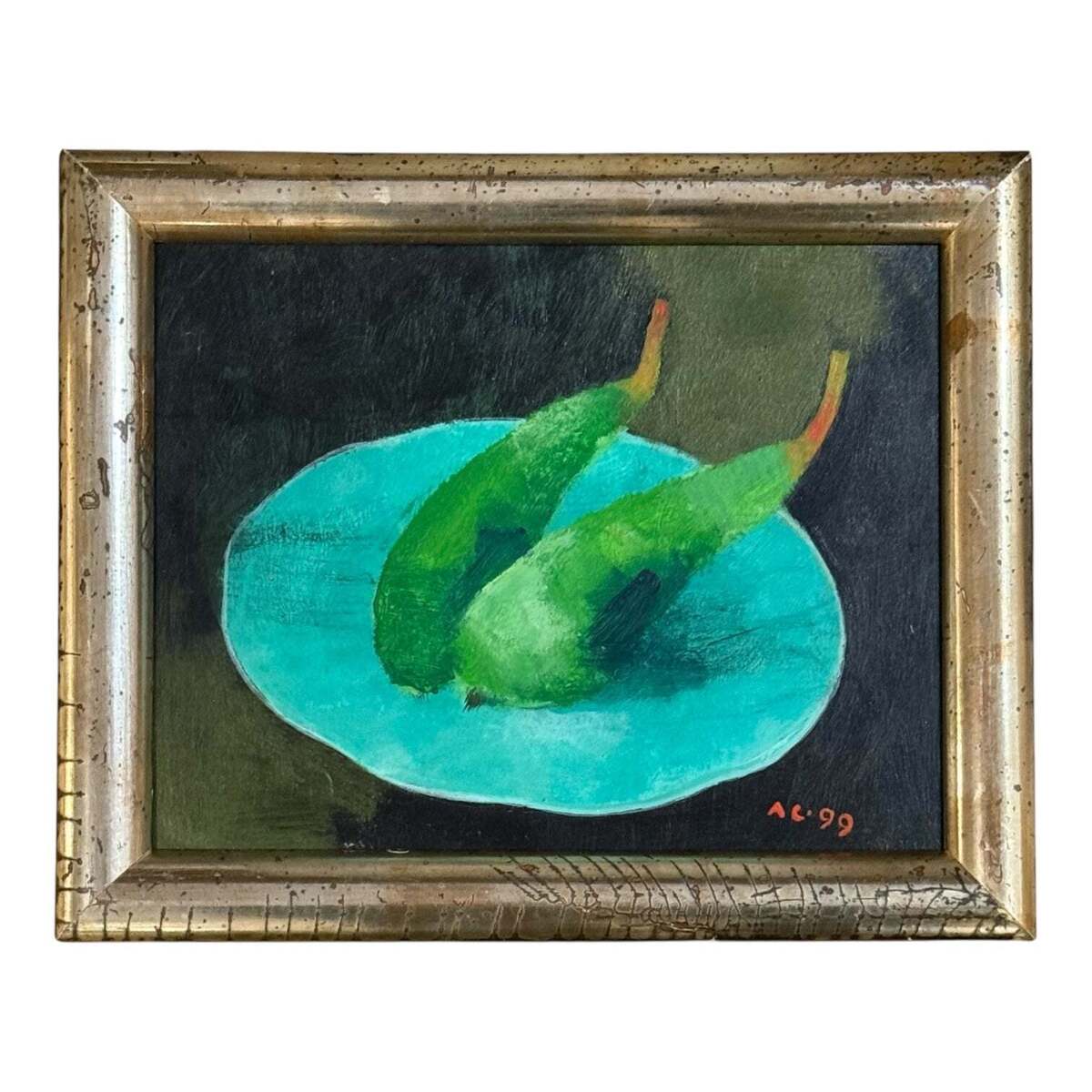 Oil Painting of Bright Green Pears in 19th Century Antique Gilt Frame