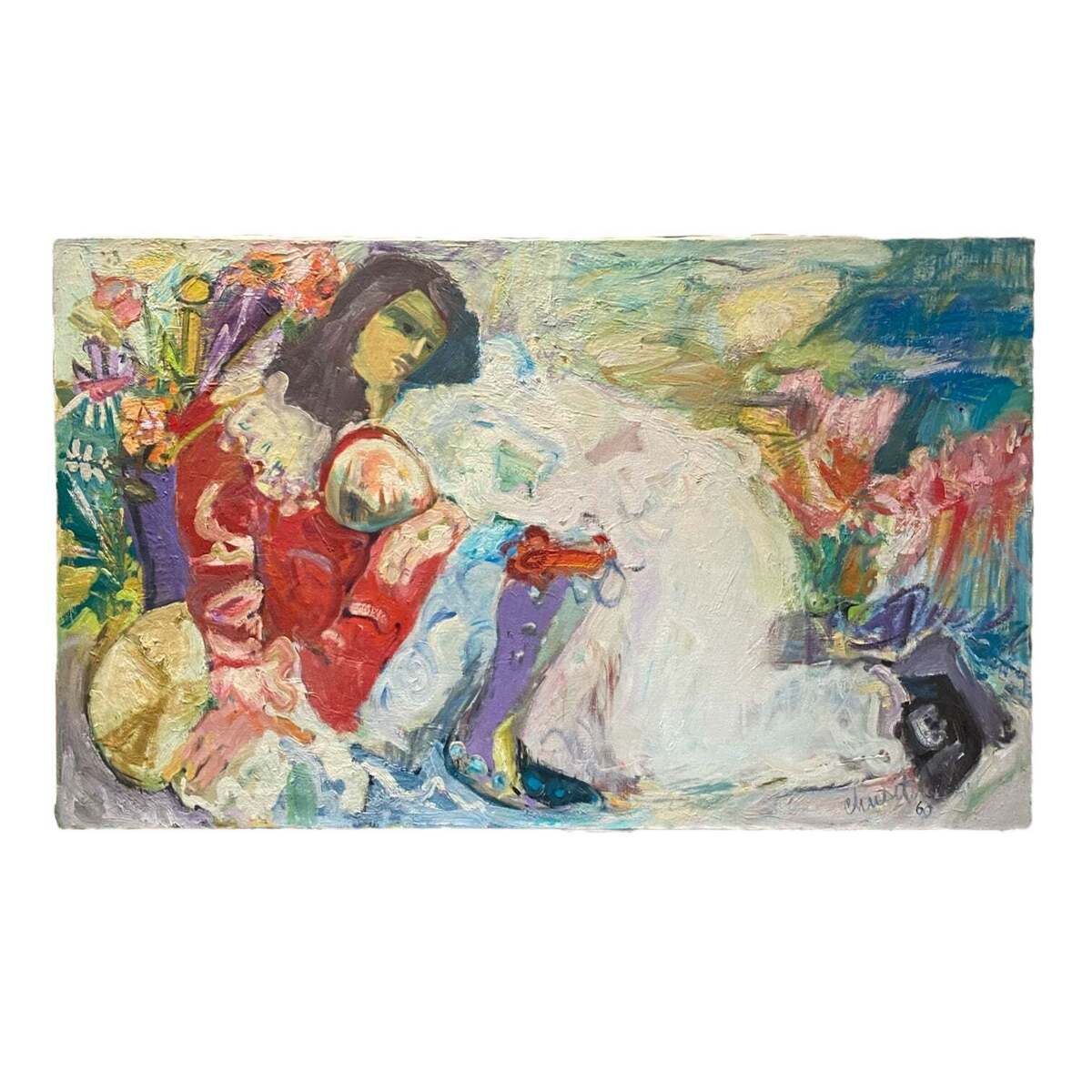 Abstract Figurative Oil Painting of Couple Among Flowers