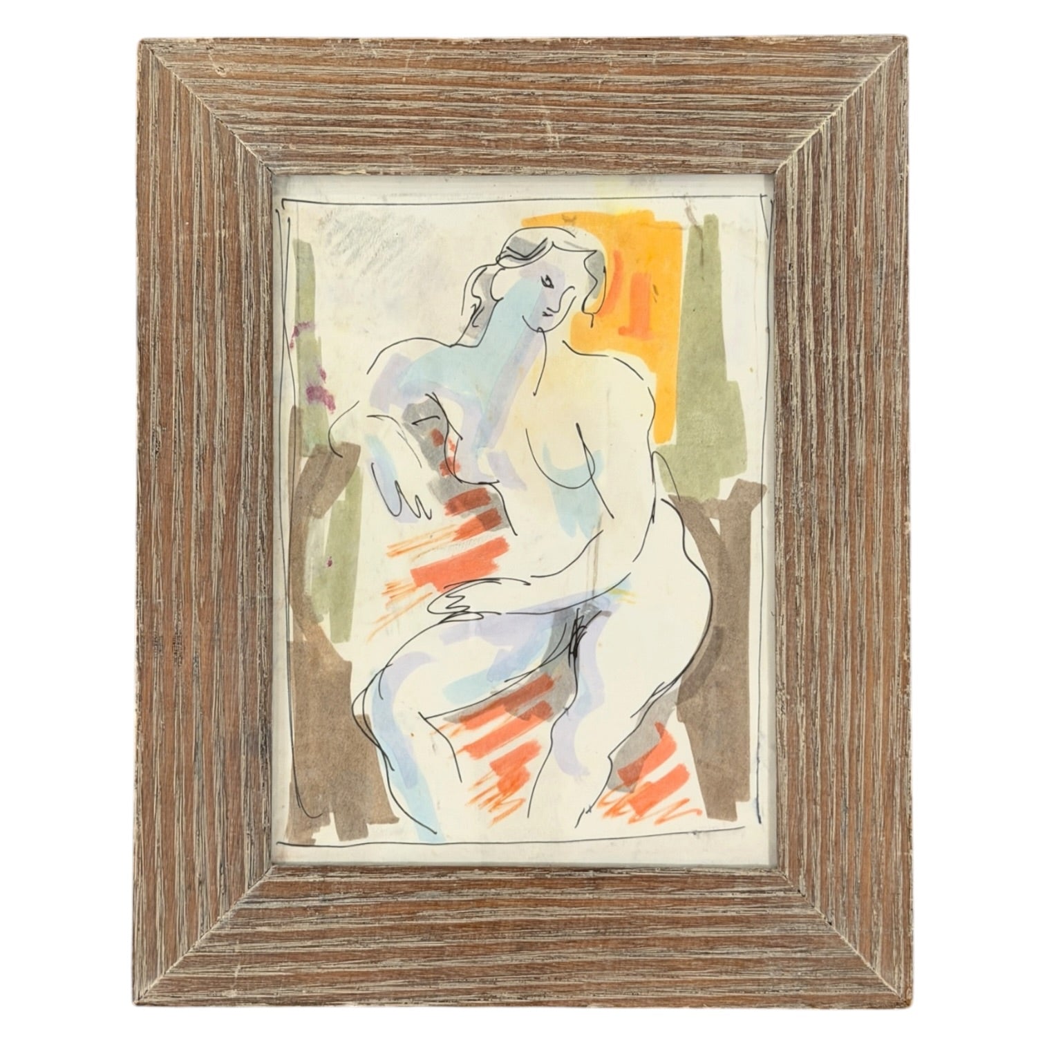 Seated Nude in Tangerine and Olive, Vintage Cerused Wood Frame