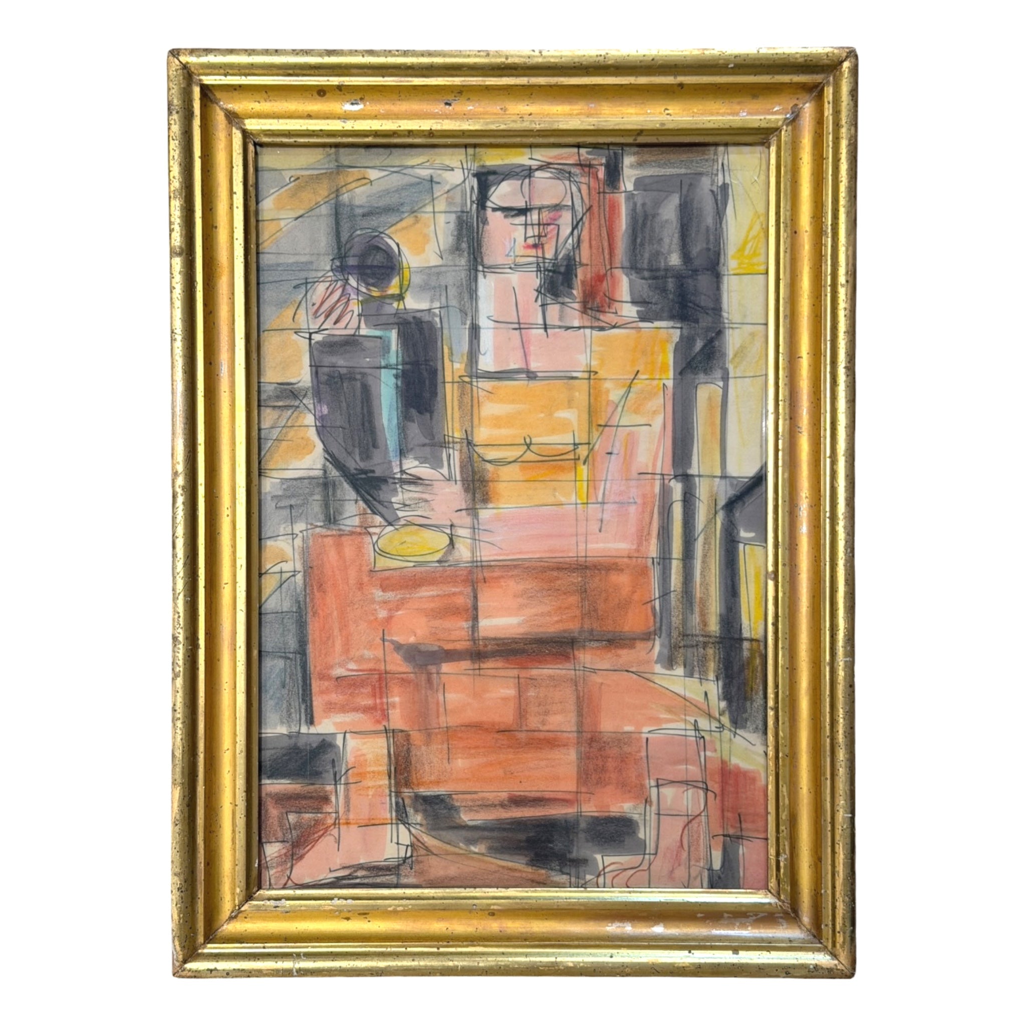 Colorful Mixed Media Cubist Painting of Seated Woman with Urn in 19th C. Lemon Gold Frame