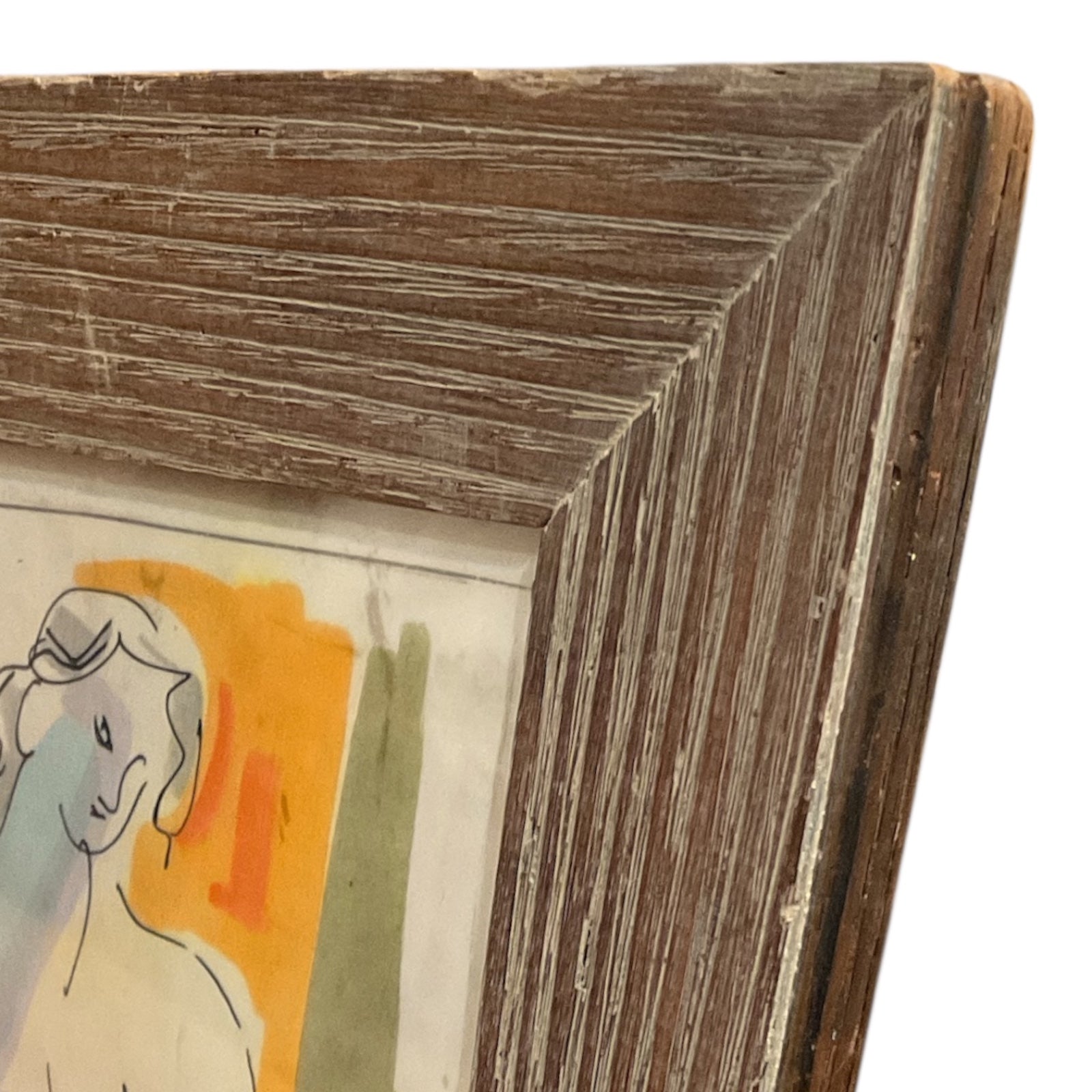 Seated Nude in Tangerine and Olive, Vintage Cerused Wood Frame