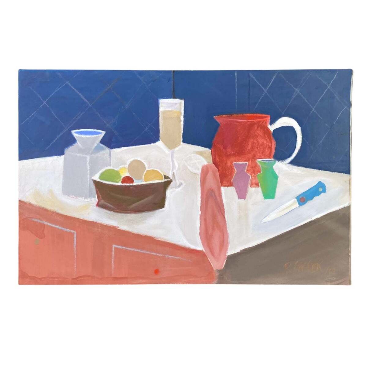 1969 Still Life Tablescape with Bread Fruit and Beverages