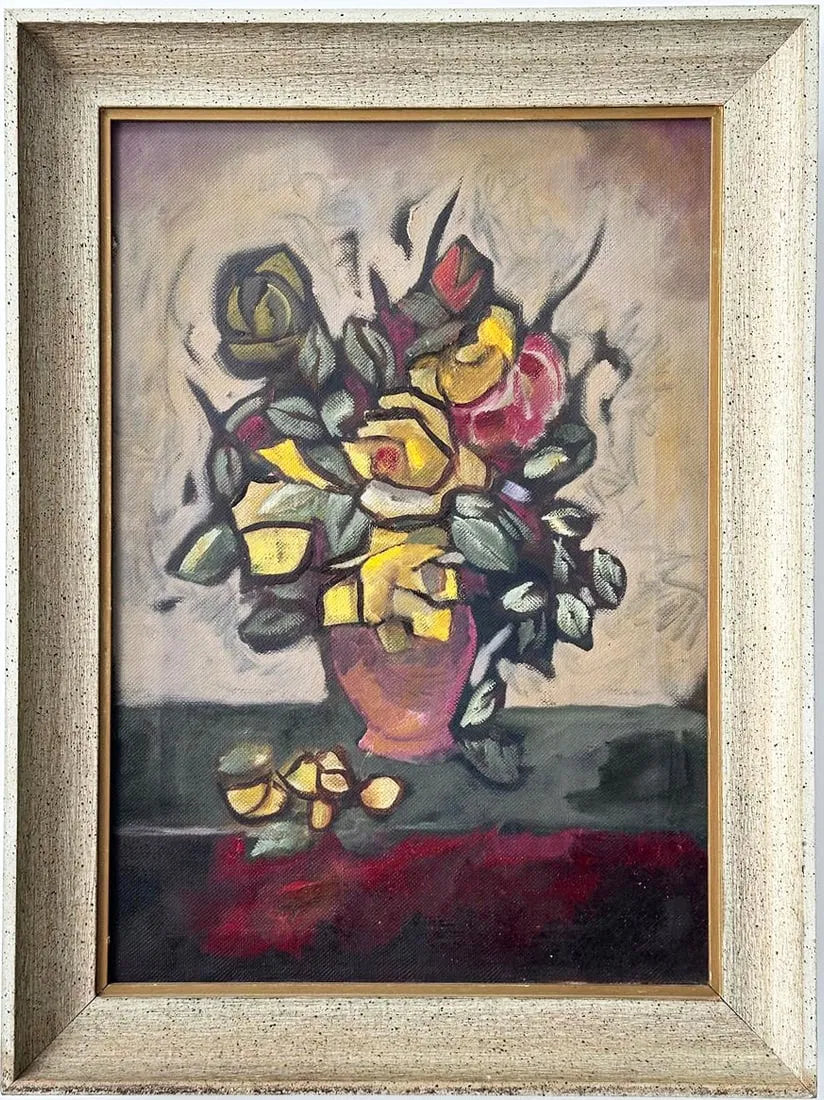 Modernist Cubist Floral Still Life in Original Vintage Frame