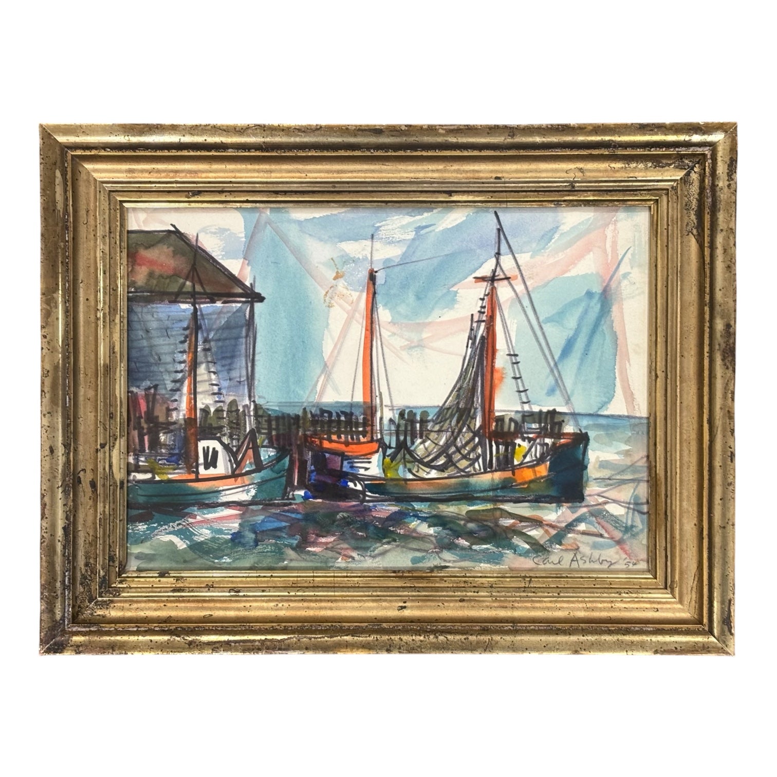 1954 Provincetown Harbor Seascape Watercolor in 19th Century Gilt Frame