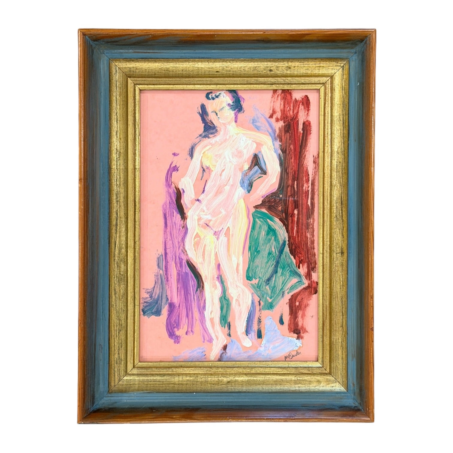 Figurative Nude Oil Painting with Pink Background in Vintage Frame