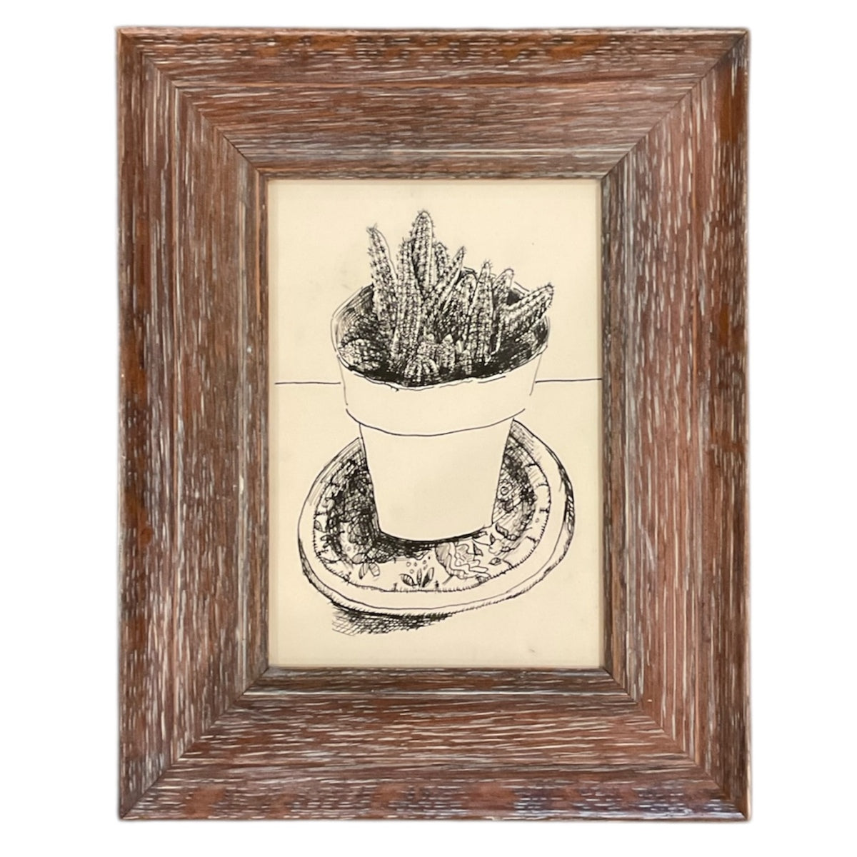NEEDS DIMS Charming Vintage Pen and Ink of a Potted Plant in Vintage Cerused Wood Frame