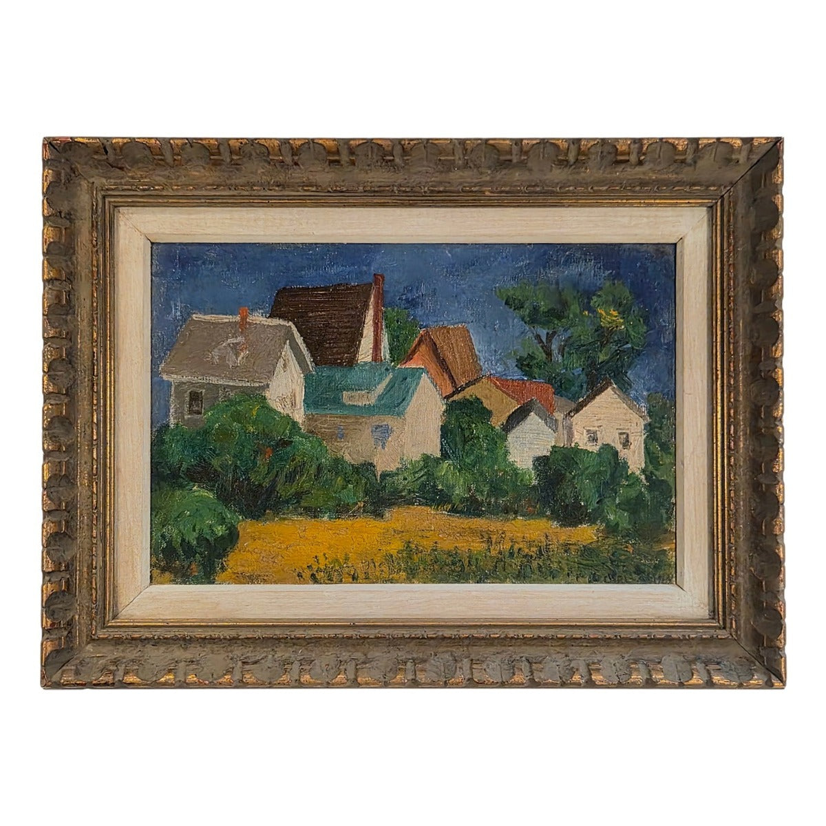 Important Carl Ashby Early Landscape Painting with Houses in Antique Frame