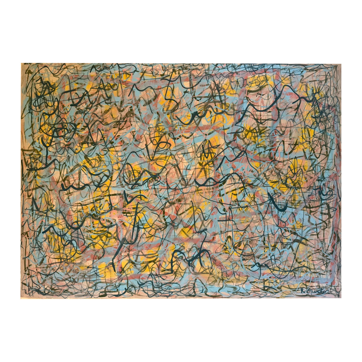 Large Energetic Abstract Painting with Layered Mark Making in Marine Blue, Yellow and Pinks