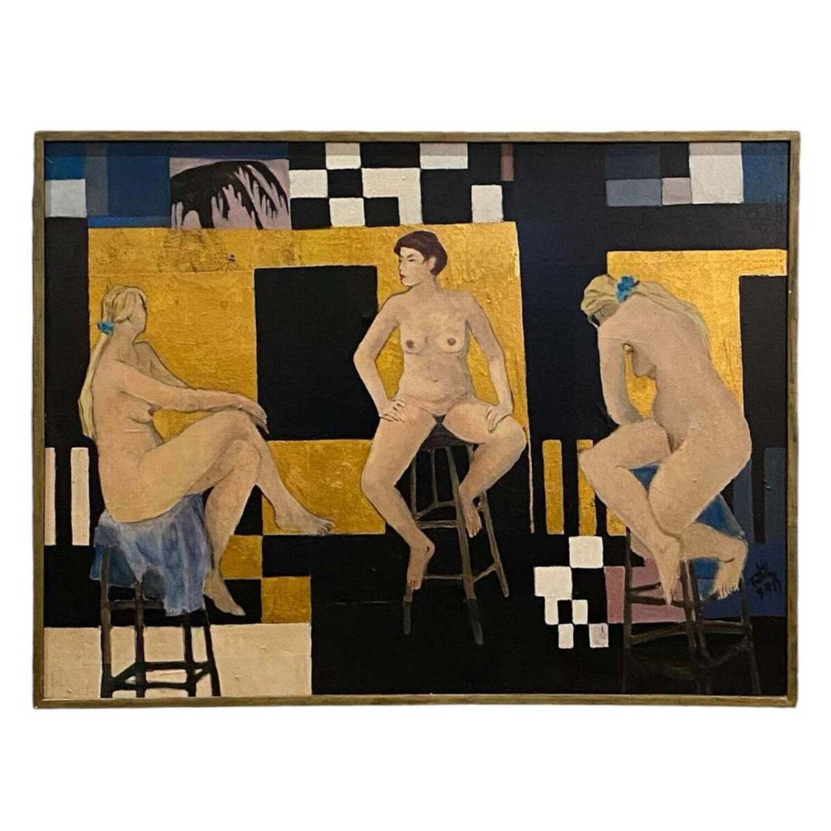 Vintage Oil on Canvas of Figures in Interior Presented in Gallery Frame