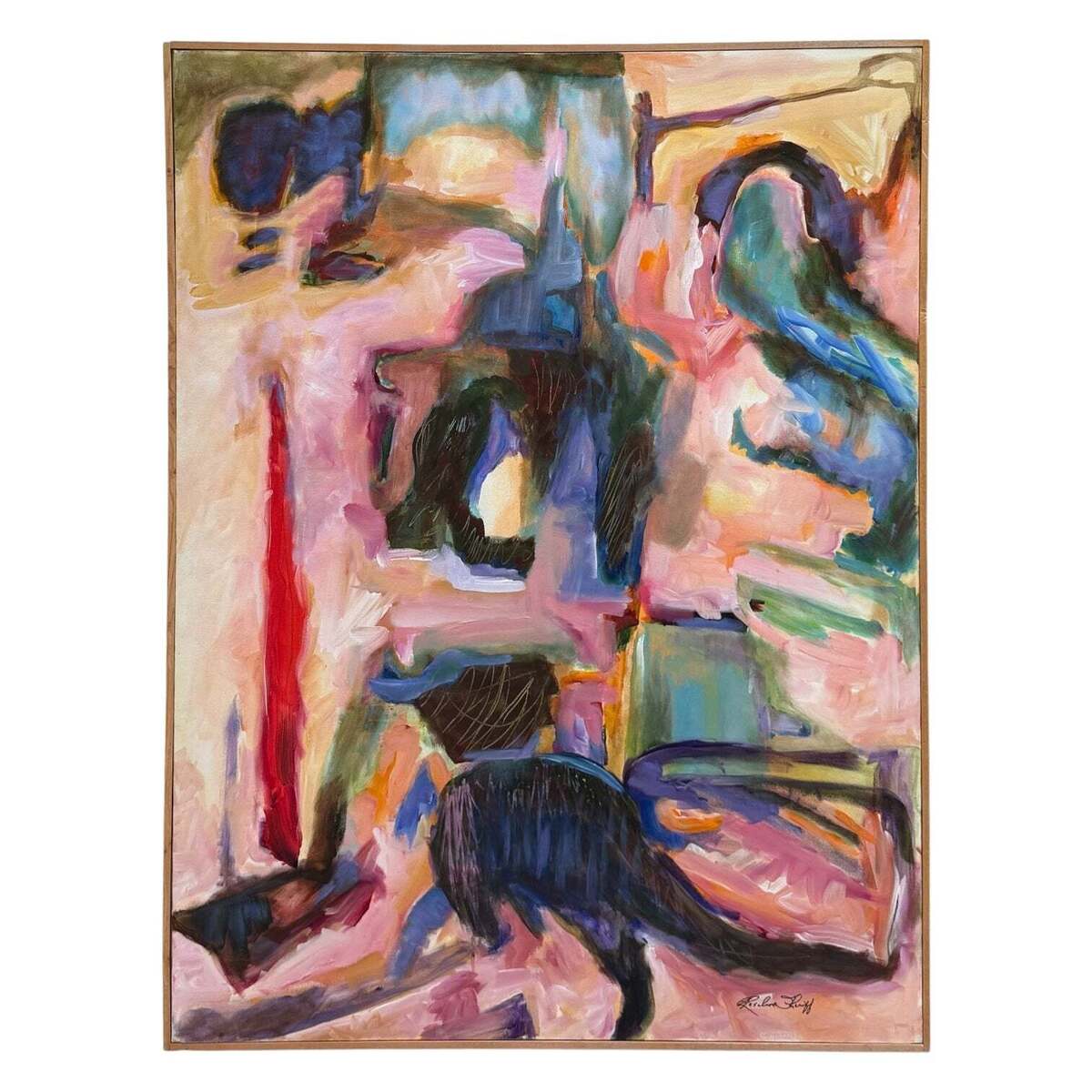 Abstract Expressionist Painting in Vibrant Coloration in Original Wood Lathe Frame