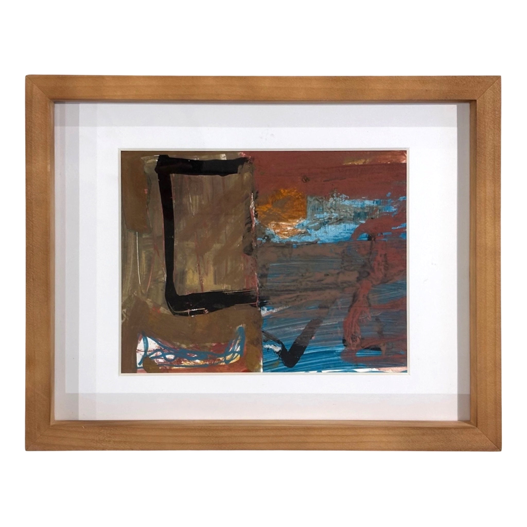 Abstract Expressionist Oil on Paper in Brown, Black and Peacock Blue
