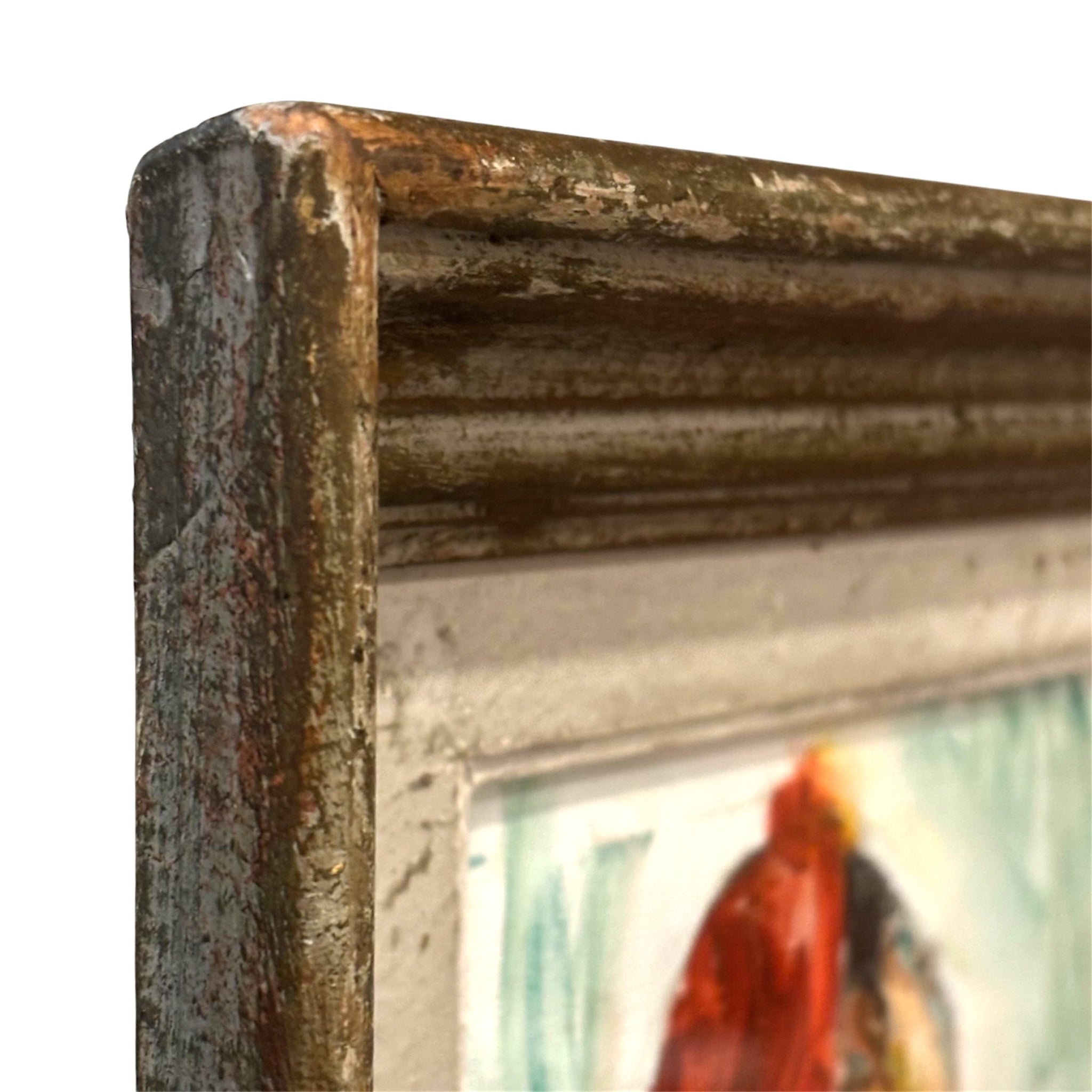 Painting of Seated Woman in Red with Black Heels / Antique Gesso  Painted Frame