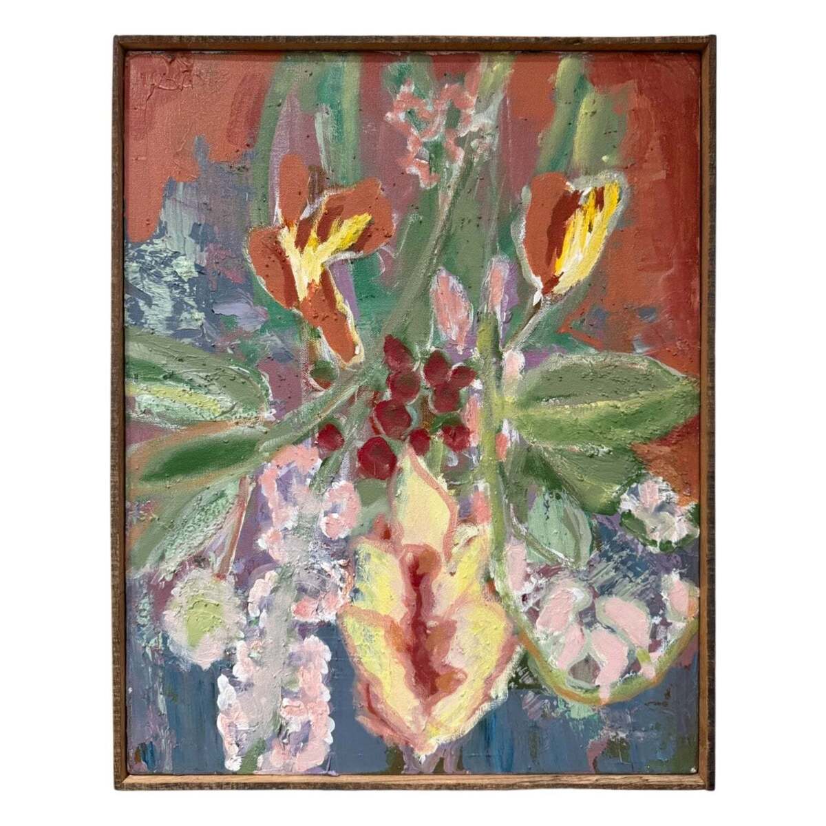 Still Life Oil Painting of Flowers with Heavy Impasto in Original Lathe Frame