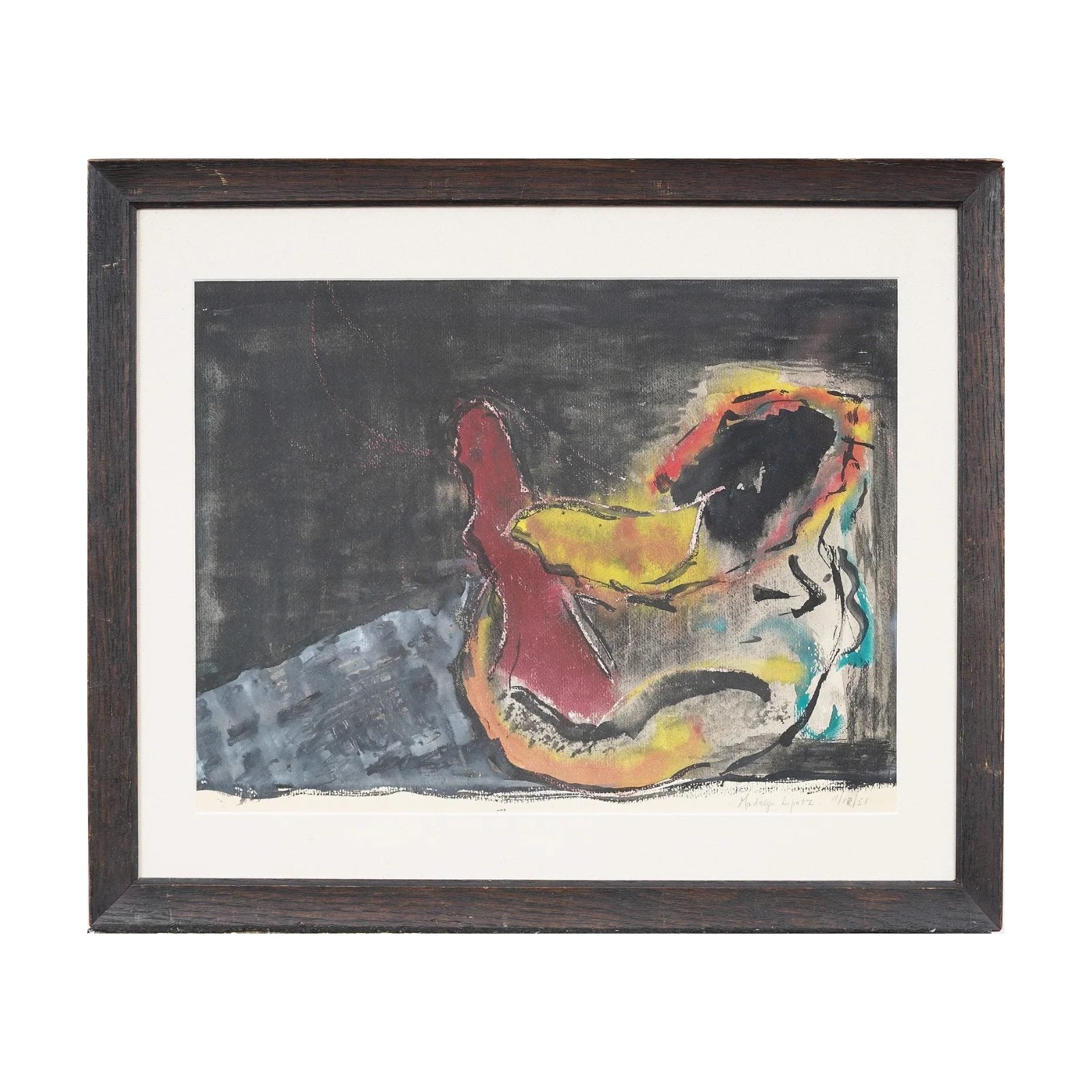 Reclining Figure with Guitar in Original Vintage Wood Frame