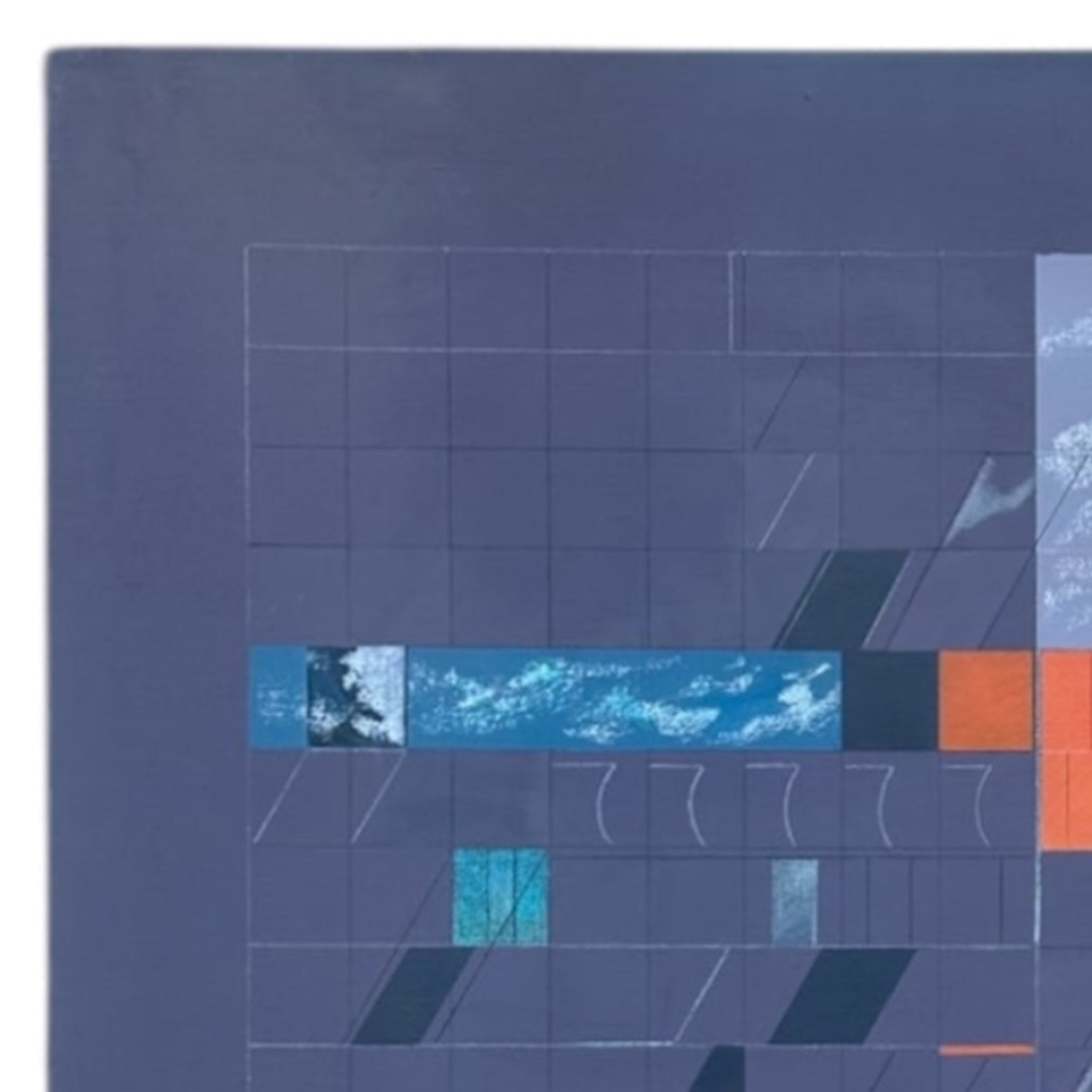 Periwinkle Dimensional Geometric Painting with Inset Cloud Motifs and Meticulous Layering