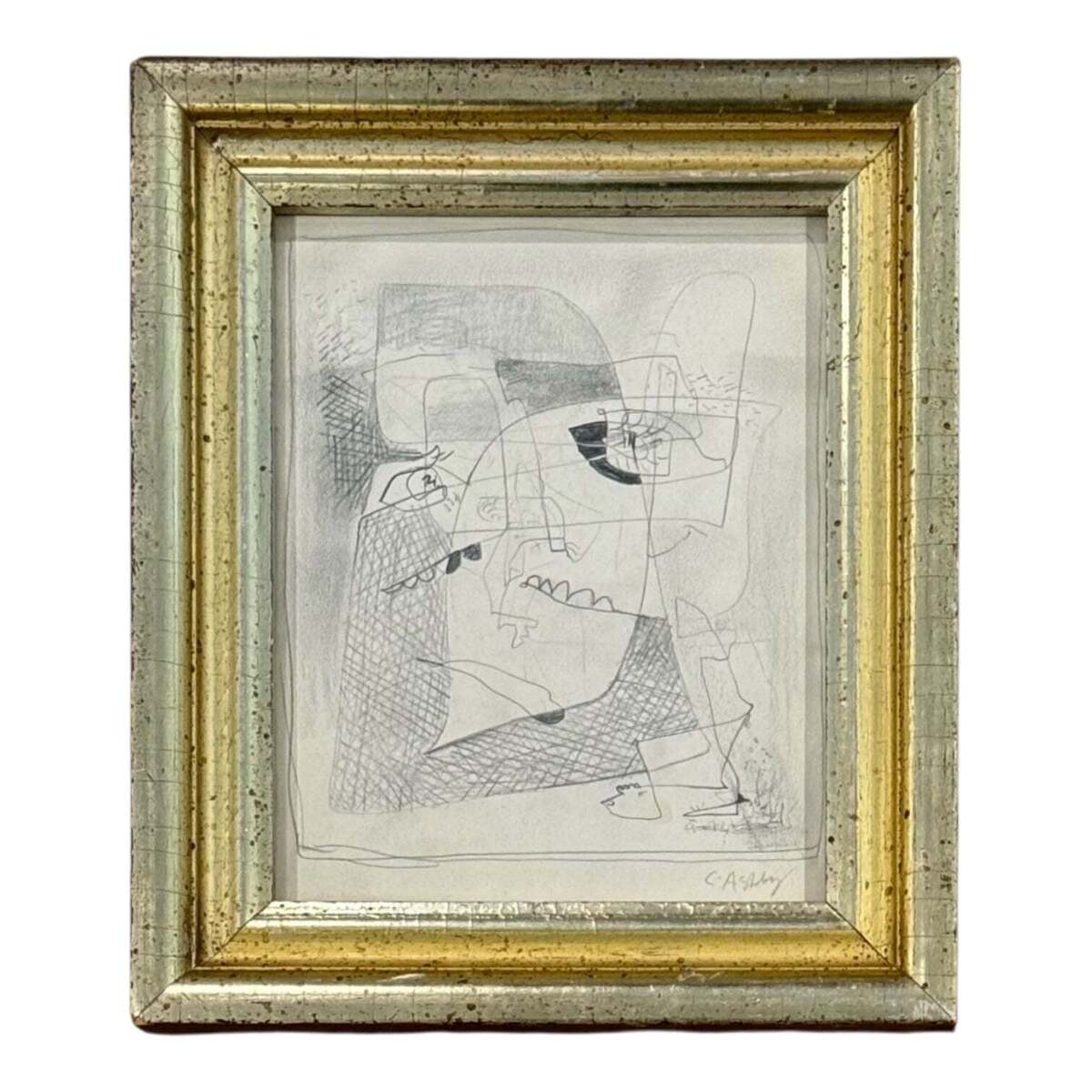 Cubist Graphite Abstracted Portrait in 19th Century Gilt Frame