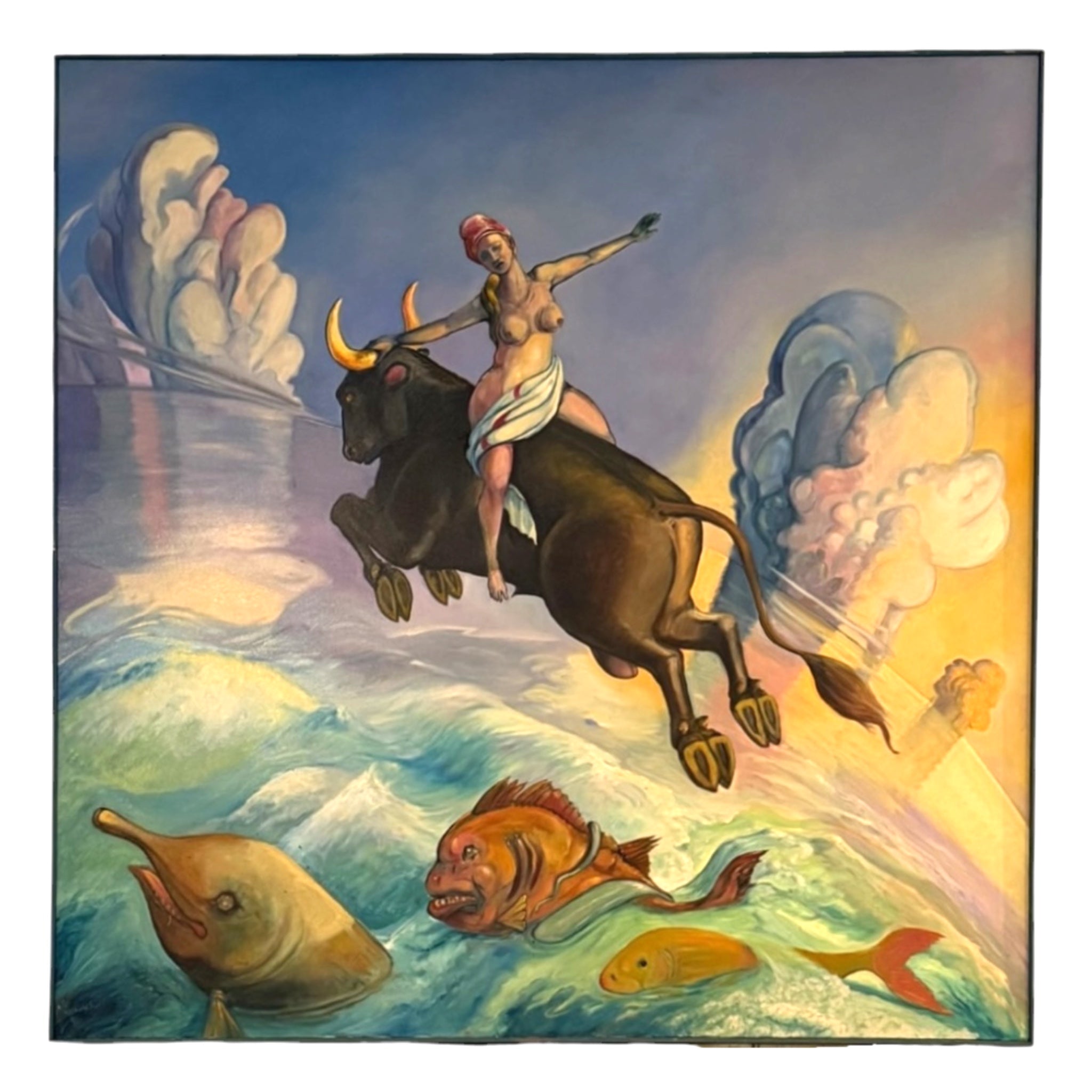 Incredible and Fantastical Oil on Canvas of Woman Riding a Bull Over the Ocean,Marine Life Jumping Underneath