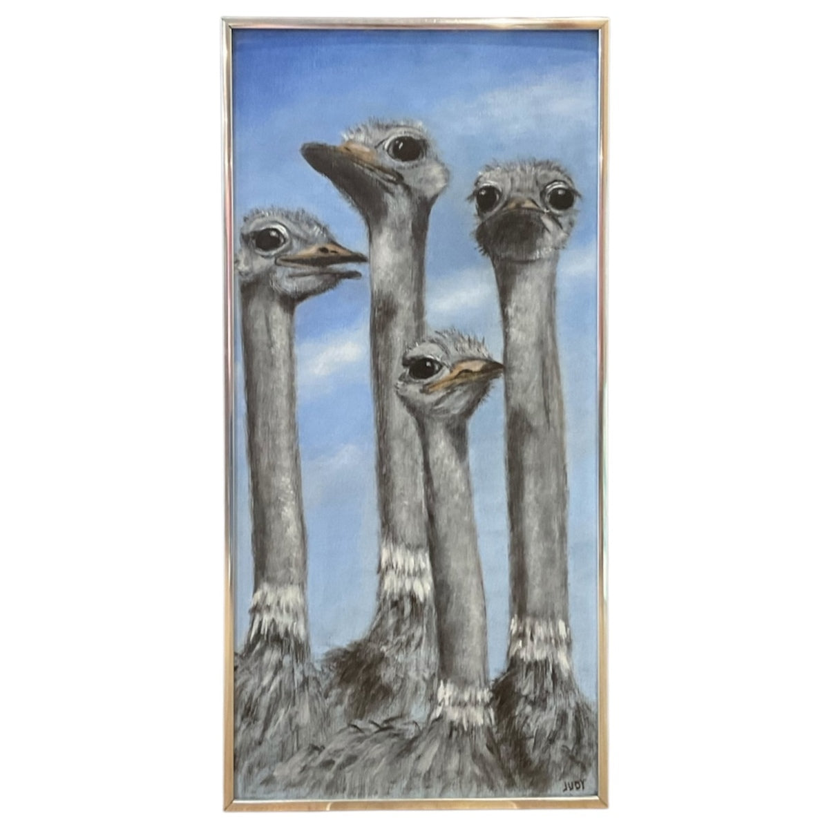 Delightful Painting of Four Ostriches Against a Blue Sky / Original Metal Frame