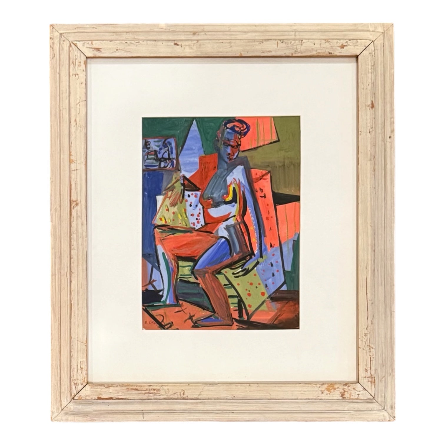1946 Cubist Seated Figure in a Room Setting Presented in a Vintage Patinated Frame