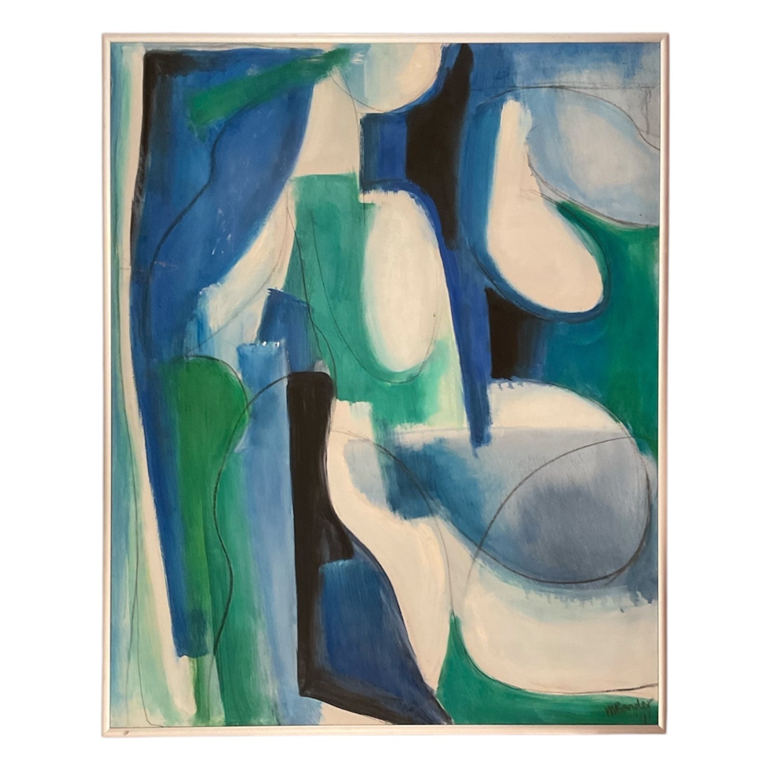 Figurative Abstract Painting in Blues and Greens, Original Frame