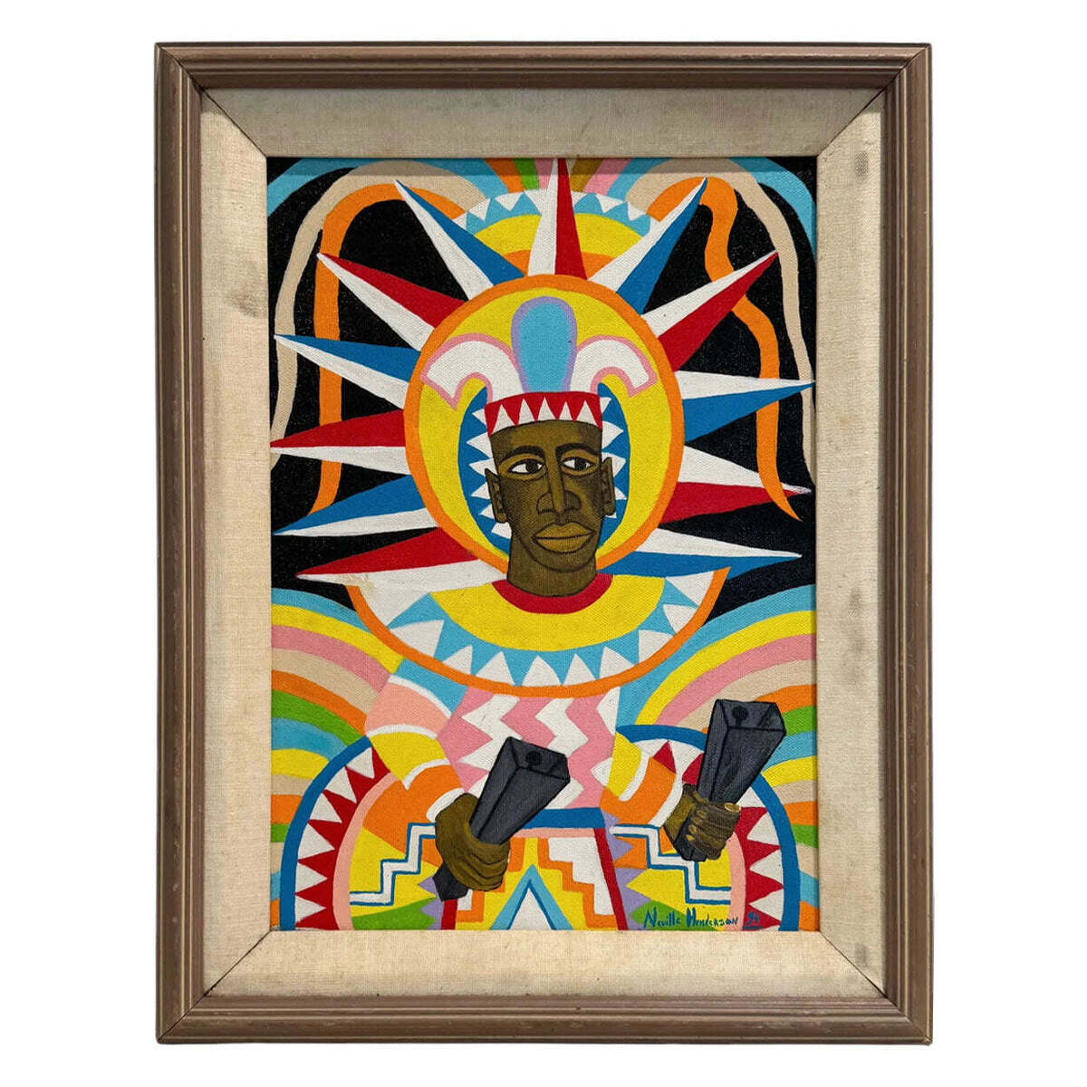 African Portrait in Vibrant Palette Presented in Original Frame