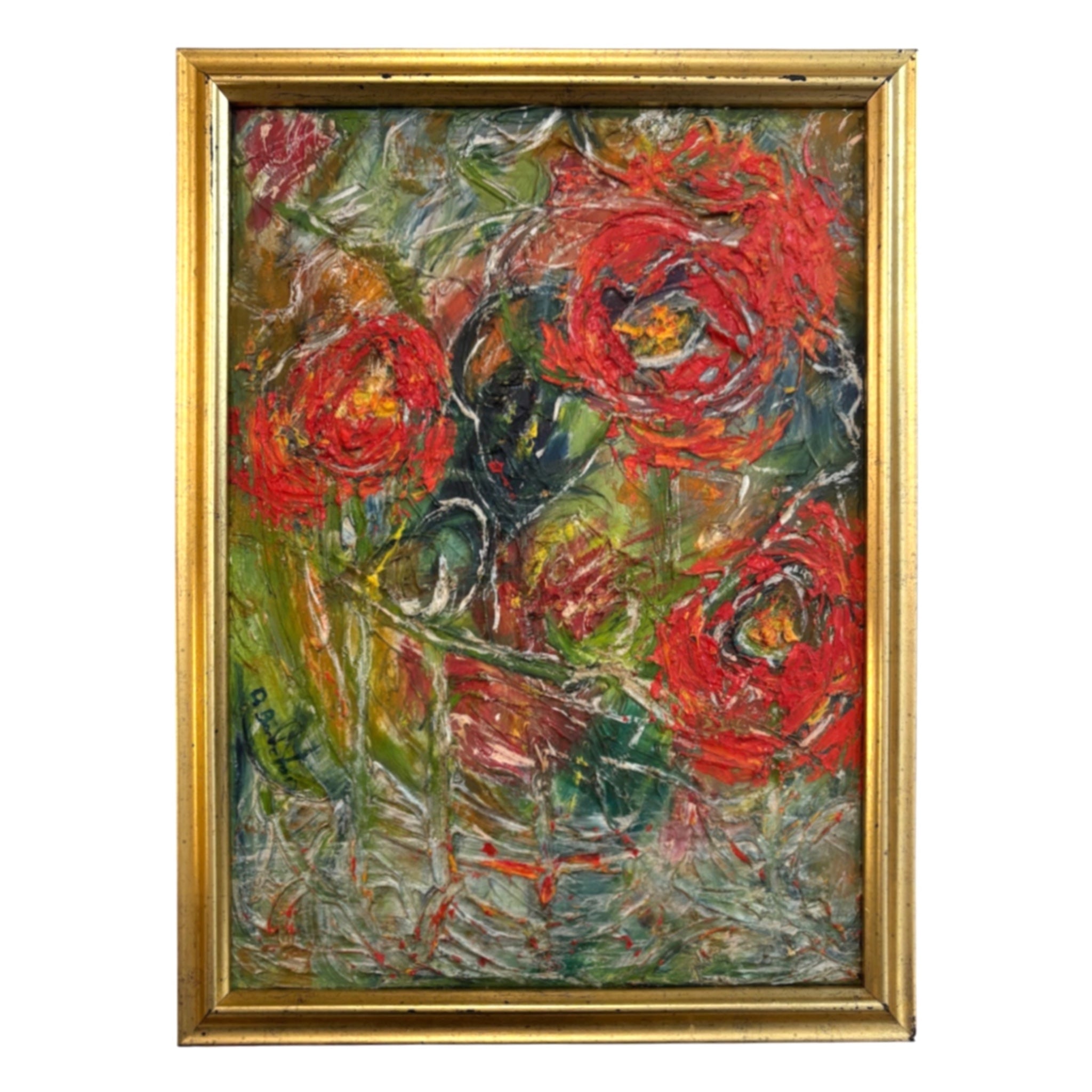 Vintage Heavy Impasto Painting of Red Peonies in a Bowl, Original Frame