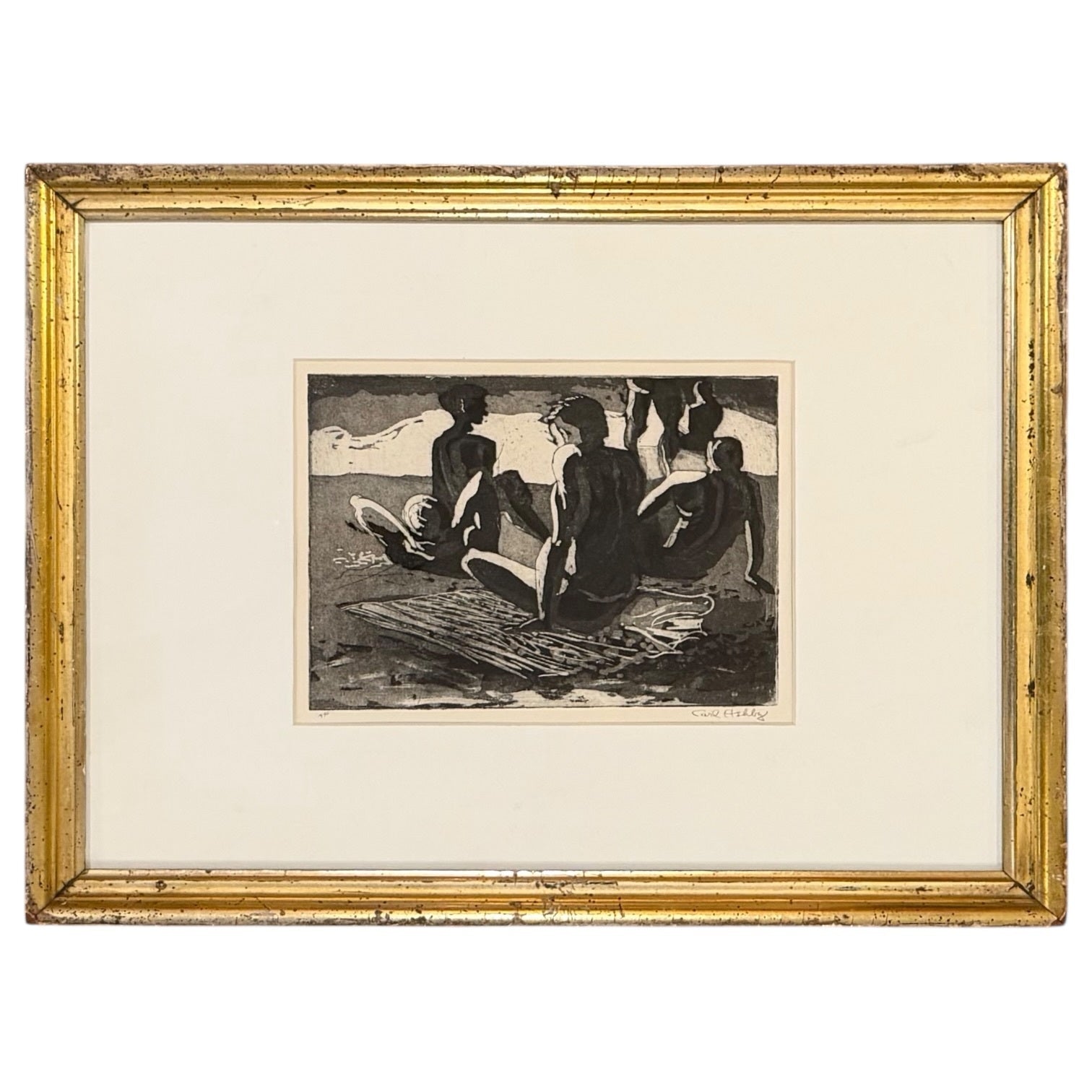 Men on the Beach A/P Presented in a 19th Century Lemon Gold Frame