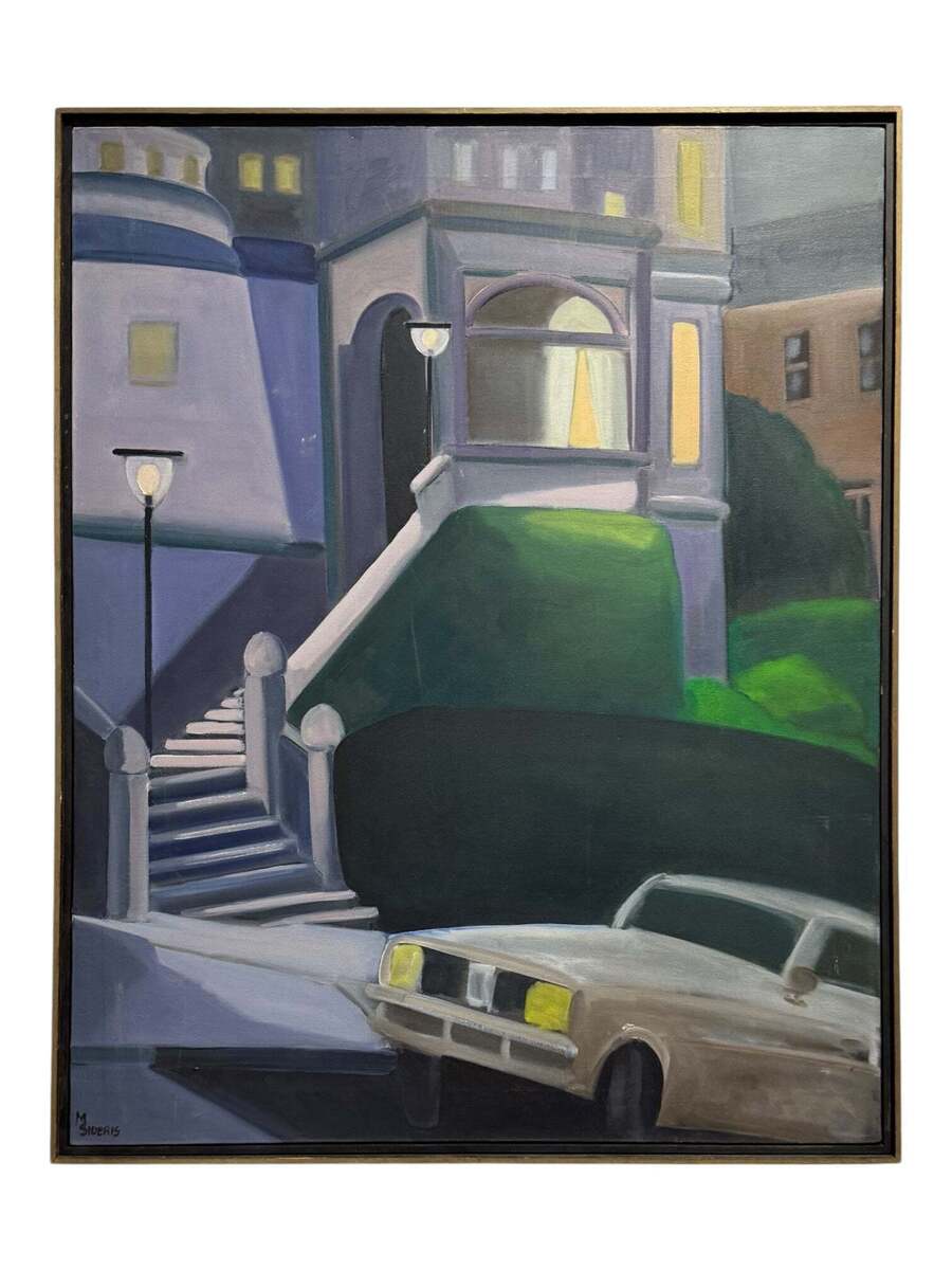 Painting of Residential Street at Dusk in Original Float Frame