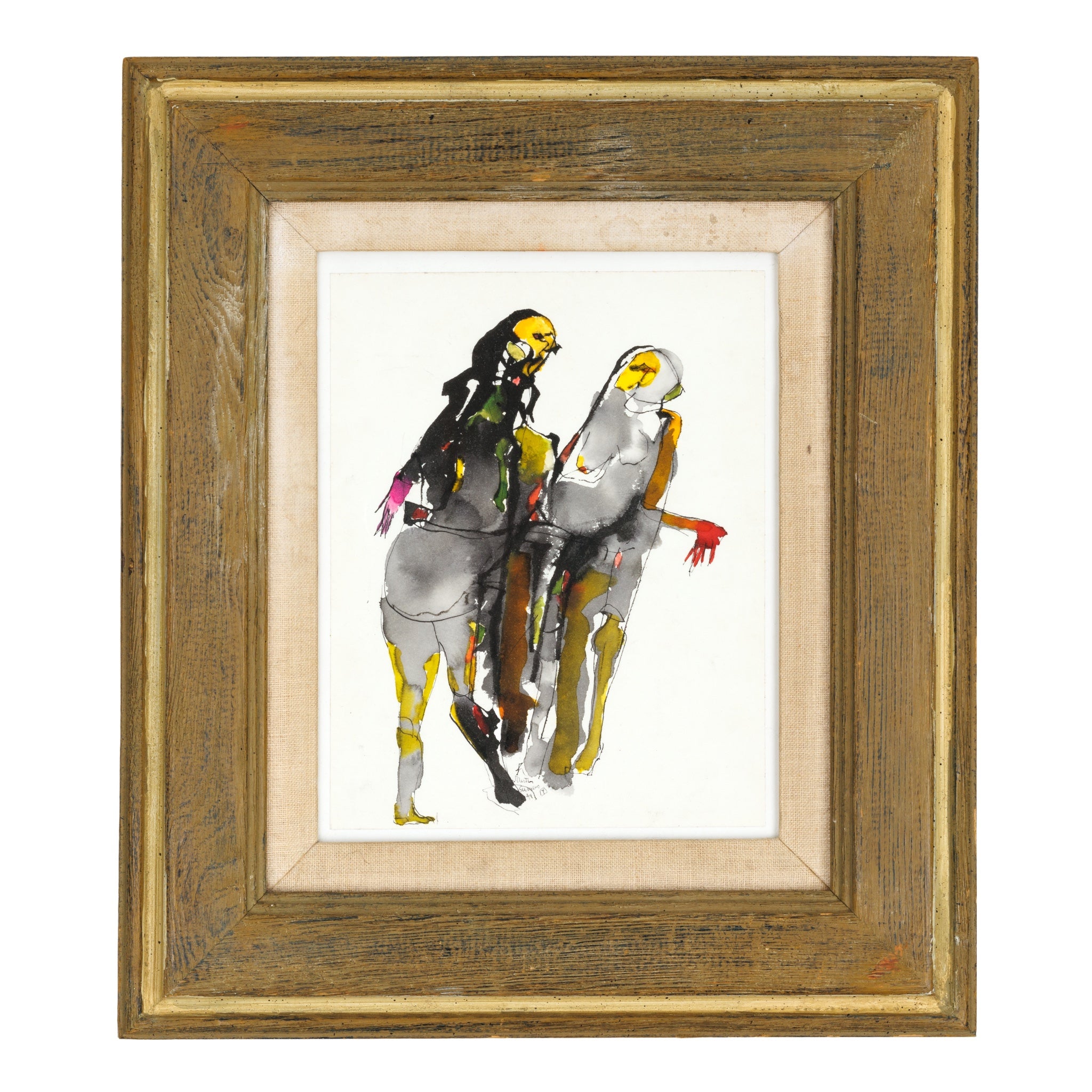 Abstract Ink and Watercolor of Two Figures in Vintage Wood Frame
